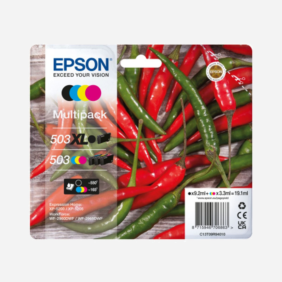 Epson Kit 4 Cartouches 503XL Original (Noir 9.2ml, Cyan/Magenta/Jaune 3.3ml) - Expression Home XP-5200/5205 & WorkForce WF-2960DWF/2965DWF - C13T09R94020 - Epson 503 XL. Type de cartouche d'encre: Rendement élevé (XL), Volume d'encre noire: 9,2 ml, Type d'alimentation: Multi pack, Volume d'encre de couleur: 3,3 ml, Couleurs d'impression: Noir, Cyan, Magenta, Jaune, Quantité: 4 pièce(s)