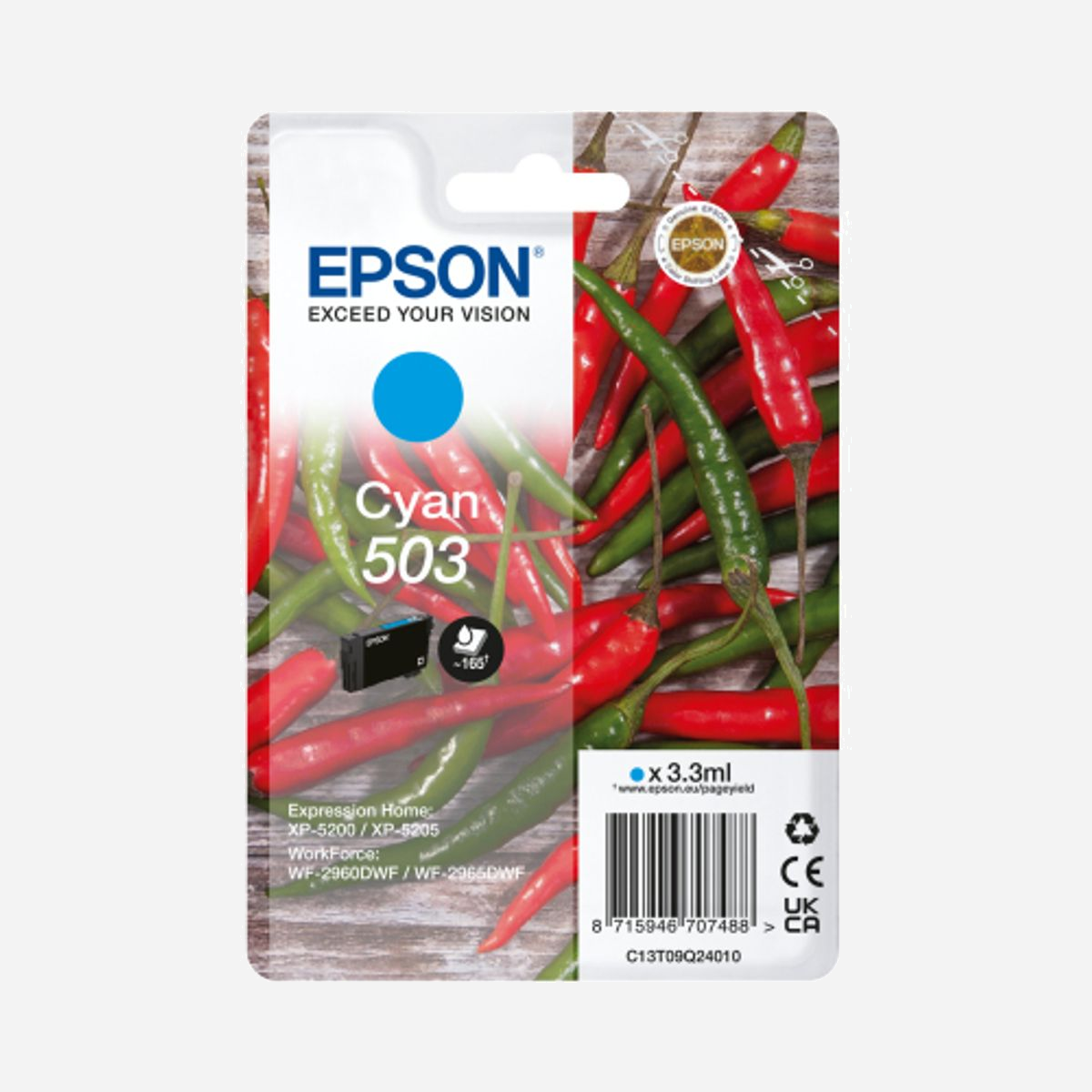Epson 503 Cyan – Cartouche d'encre Originale Standard 3.3ml (C13T09Q24020) - Compatibilité Expression Home XP-5200/5205 & WorkForce WF-2960DWF/2965DWF - Epson 503. Type de cartouche d'encre: Rendement standard, Type d'alimentation: Paquet unique, Volume d'encre de couleur: 3,3 ml, Couleurs d'impression: Cyan, Quantité: 1 pièce(s)