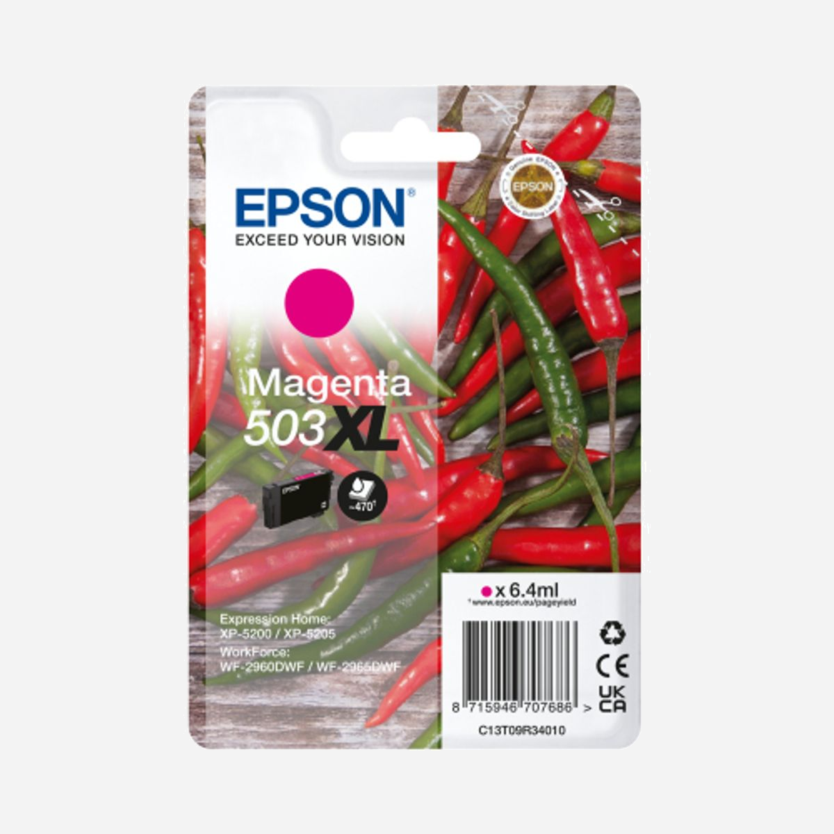Epson 503XL Magenta - Cartouche d'encre Originale XL 6.4ml - C13T09R34020 - Compatibilité Expression Home XP-5200/5205, WorkForce WF-2960DWF/2965DWF - Epson 503XL. Type de cartouche d'encre: Rendement élevé (XL), Type d'alimentation: Paquet unique, Volume d'encre de couleur: 6,4 ml, Couleurs d'impression: Magenta, Quantité: 1 pièce(s)