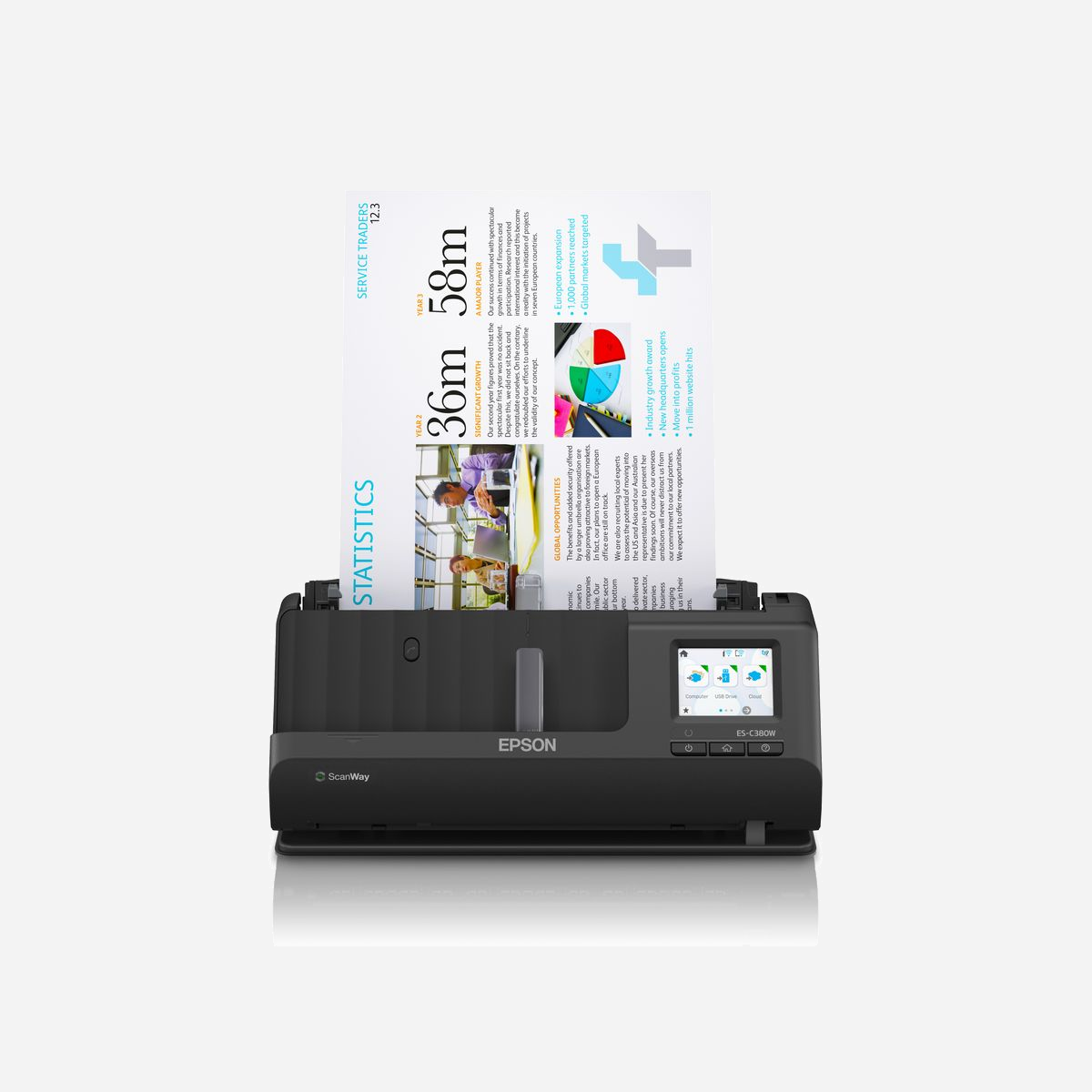 Epson ES-C380W Scanner A4 Recto-Verso 600 DPI, Chargeur Auto. 20 Feuilles, WiFi, ReadyScan LED, Numérisation vers Email/FTP, Windows, Noir - Epson ES-C380W. Surface maximal de numérisation: 215,9 x 5588 mm, Résolution de numérisation optique: 600 x 600 DPI, Profondeur d'affichage d'entrée de couleur: 30 bit. Type de scanner: Chargeur automatique de documents + Scanner à feuille, Couleur du produit: Noir, Type de commande: Boutons. Cycle de fonctionnement par jour (max): 3500 pages, Source lumineuse: ReadyScan LED, Numériser vers: E-mail, FTP, Network folder, Impression. Capacité d'entrée standard: 20 feuilles. Taille de papier de série A ISO maximum: A4, Prise en charge des types de numérisation de support: Carte de visite, Papier plastifié, Carte postale (JPN), ISO, Format Series A (A0...A9): A4, A5, A6