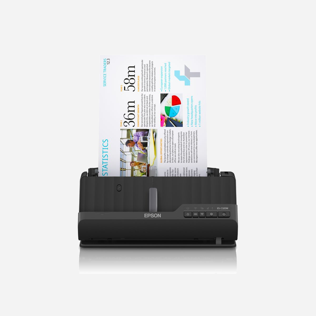 Epson ES-C320W Scanner A4 600x600 DPI Chargeur Auto 20 feuilles Recto-Verso WiFi USB 2.0 LED ReadyScan compatible Windows Server - Epson ES-C320W. Surface maximal de numérisation: 215,9 x 3048 mm, Résolution de numérisation optique: 600 x 600 DPI, Profondeur d'affichage d'entrée de couleur: 30 bit. Type de scanner: Chargeur automatique de documents + Scanner à feuille, Couleur du produit: Noir, Type de commande: Boutons. Cycle de fonctionnement par jour (max): 3500 pages, Source lumineuse: ReadyScan LED, Numériser vers: E-mail, FTP, Network folder, Impression. Capacité d'entrée standard: 20 feuilles. Taille de papier de série A ISO maximum: A4, Prise en charge des types de numérisation de support: Carte de visite, Papier plastifié, Carte postale (JPN), ISO, Format Series A (A0...A9): A4, A5, A6