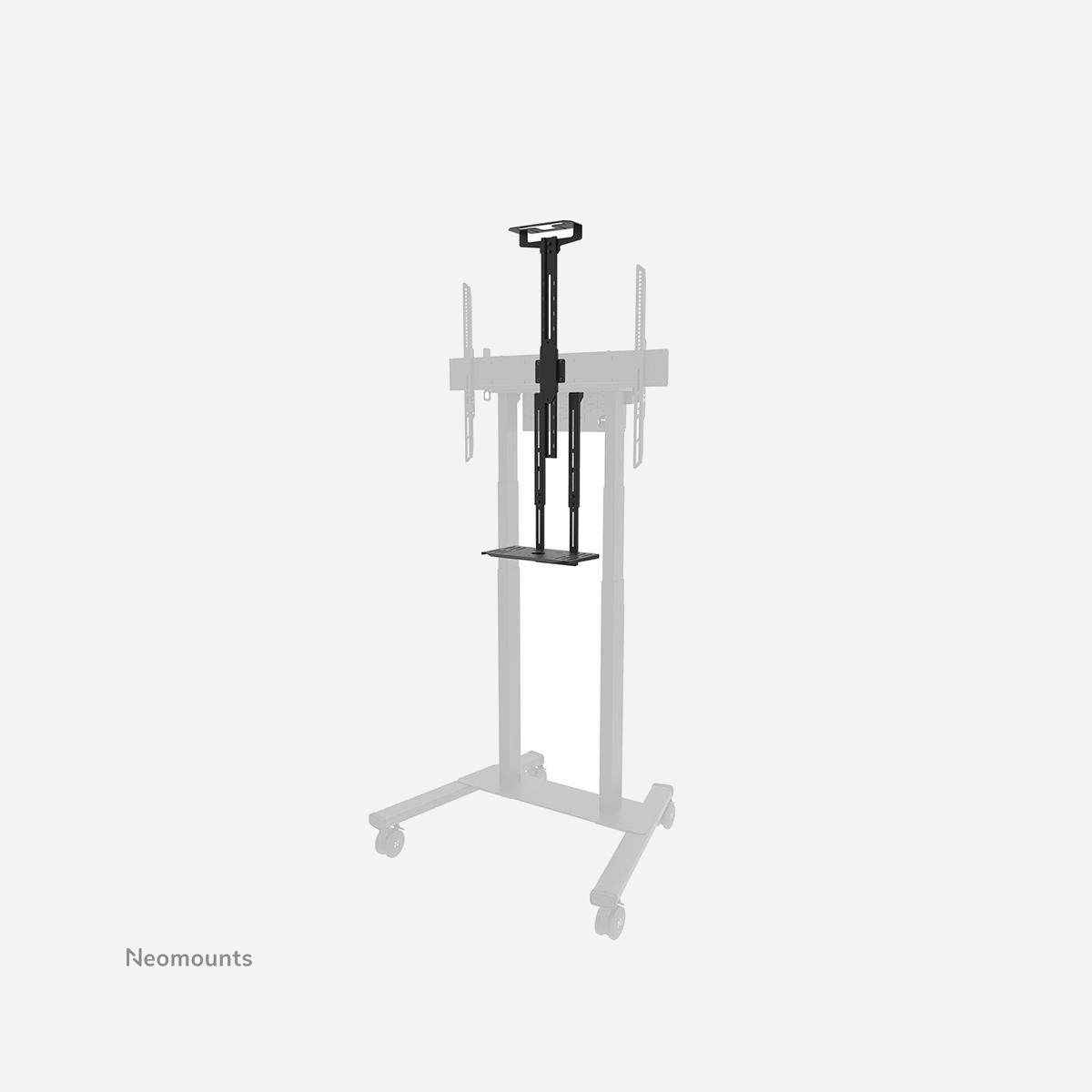 Neomounts AV1-875BL Kit Vidéobar & Multimédia Noir, Acier, Charge 9kg, pour Supports FL55-875BL1/WL55-875BL1, Adaptateur Bose VB1/VB-S inclus - Le Neomounts AV1-875BL est un kit vidéobar et multimédia optionnel pour le support au sol mobile FL55-875BL1 et le support mural WL55-875BL1. Le kit permet l'installation d'une étagère caméra et d'une étagère pour appareils multimédia sur le chariot. L'étagère caméra universelle peut être installée au-dessus et en-dessous de l'écran et est réglable en hauteur et en profondeur, pour s'adapter à l'écran. En outre, la tablette pour caméra peut être montée à l'avant et à l'arrière du support. Le kit comprend un adaptateur pour les Bose VB1 et VB-S (qui peuvent également être placés au-dessus et en-dessous de l'écran).
