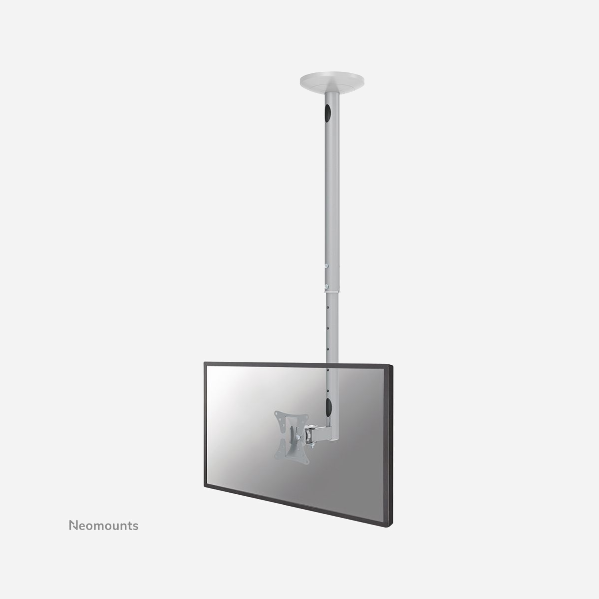 Neomounts FPMA-C050SILVER Support Plafond Écran 10-30" Acier Argent VESA 50x50 à 100x100mm Inclinaison 40° Pivot 180° Hauteur Ajustable 60-85cm Charge 20kg - Le support plafond Neomounts, modèle FPMA-C050SILVER, est un support plafond inclinable et pivotant pour les écrans plats jusqu'à 30" (76 cm). Ce support est un excellent choix pour une économie d'espace ou lorsque le montage mural et au sol n'est pas une option.<br><br>La technologie de Neomounts, inclinable de 40° et avec un pivot de 180°, permet au montage de changer l'angle de vue pour profiter pleinement des capacités de l'écran plat. Le support est facilement réglable en hauteur de 50 à 85 centimètres. Une gestion des câbles unique cache et achemine les câbles pour garder le lieu de travail bien rangé.<br><br>Neomounts FPMA-C050SILVER a un point de flexion et est adapté pour les écrans jusqu'à 30" (76 cm). La capacité de poids de ce produit est de 20 kg. Le support plafond est adapté pour les écrans qui répondent à la norme VESA 75x75 à 100x100 mm. Différents modèles de trous peuvent être couvertes à l'aide des plaques d'adaptation Neomounts VESA.<br><br>Tout le matériel d'installation est fourni avec le produit.