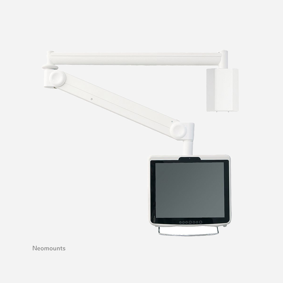 Neomounts FPMA-HAW100HC Support Mural Médical 10-32" VESA 75x75/100x100, Hauteur Ajustable 0-170cm, Inclinaison 55°, Pivot 370°, Charge 6-12kg - Le support mural Neomounts, modèle FPMA- HAW100HC est un support mural inclinable et pivotant pour les écrans plats médicaux jusqu'à 32" (81 cm). Ce support est un excellent choix pour une économie d'espace ou lorsque le montageplafond ou au sol ne sont pas une option.<br><br>La technologie de Neomounts, inclinaison de 55° et pivot de 370°, permet au montage de changer l'angle de visionnement pour profiter pleinement des capacités de l'écran plat. Le support est facilement réglable en hauteur jusqu'à 170 centimètres à l'aide d'un ressort à gaz. Profondeur réglable jusqu'à 170 centimètres. Une gestion des câbles unique cache et achemine les câbles de montage à l'écran plat pour garder le lieu de travail bien rangé.<br><br>Neomounts FPMA- HAC100HC a quatre points de flexion et est adapté pour les écrans jusqu'à 32" (81 cm). La capacité de poids de ce produit est de 6 - 12 kg. Le montage auplafond est adapté pour les écrans qui répondent au VESA 75x75 ou 100x100 mm. Différents trous peuvent être couverts à l'aide des plaques d'adaptation Neomounts VESA.<br><br>Tout le matériel d'installation est fourni avec le produit.