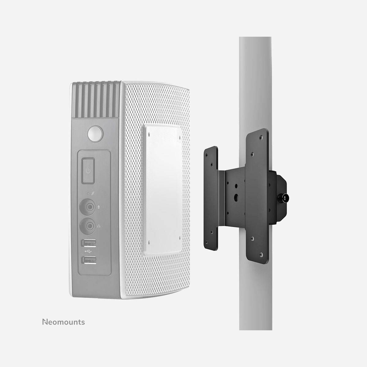 Neomounts THINCLIENT-05 Support PC léger Acier Noir, fixation VESA 75x75/100x100mm, charge max 10kg, pour écrans et bras de moniteur. - Le support pour client léger Neomounts, modèle THINCLIENT-05, permet de monter un poste de travail tout simplement à un bras de moniteur. Avec un conteneur de poste de travail, cela crée plus d'espace sur le bureau, parce que le poste de travail est monté derrière le moniteur. De cette façon, vous pouvez protéger le poste de travail de la poussière, la saleté et du vol.<br><br>Utiliser le bras de moniteur derrière l'écran pour monter le poste de travail. Une gestion des câbles unique cache et achemine les câbles pour garder le lieu de travail bien rangé.<br><br>Facilement réglable en largeur et en profondeur pour s'adapter à la plupart des ordinateurs de bureau et tours PC.