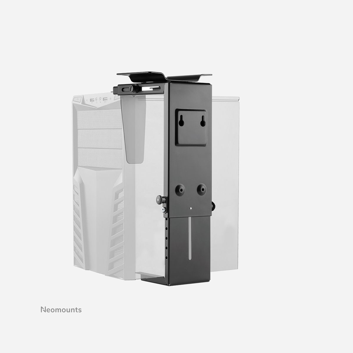 Neomounts NM-CPU100BLACK Support CPU Bureau Acier Noir rotatif 360° pour tours PC (90-200mm) charge max 10kg, réglage hauteur 300-530mm - Ce support d'ordinateur Neomounts, modèle NM-CPU100BLACK, vous permet de monter un ordinateur sous un bureau. Un support d'ordinateur crée un bureau propre, car le moniteur est stocké sous le bureau et n'utilise pas d'espace précieux sur le bureau. <br><br>Augmentez la durée de vie de votre ordinateur en raison de la poussière et la saleté sur les planchers. Gardez le lieu de travail propre sans les ordinateurs sur le sol.<br><br>Ce support d'ordinateur Neomounts permet une installation verticale des ordinateurs. Cachez vos câbles et gardez le lieu de travail bien rangé. Facilement réglable en largeur et en profondeur pour s'adapter à la plupart des ordinateurs de bureau et tours PC. <br><br>Tout le matériel d'installation est fourni avec le produit.