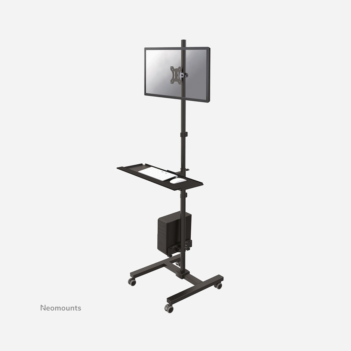 Neomounts FPMA-MOBILE1700 Station de travail mobile acier noir pour écran 10-32" (VESA 75x75/100x100 mm), inclinaison 30°, pivot 360°, hauteur max 1750mm, charge 8kg - Le support de sol Neomounts, modèle FPMA-MOBILE1700 est un support mobile pour écrans plats jusqu'à 32", pour claviers, souris et PC. Ce support mobile est un excellent choix pour une économie d'espace ou lorsque le montage au mur, au plafond ou le placement sur un bureau n'est pas une option. Ce support mobile optimise votre investissement en proposant une large gamme d'options et en partageant un écran, un clavier, une souris et le PC dans plusieurs pièces. Obtenez un positionnement optimal pour des audiences debout ou assises, pour n'importe quelle application.<br><br>La technologie d'inclinaison (30°), rotation (360°) et pivot (360°) unique Neomounts permet au support de changer l'angle de vision pour profiter pleinement des capacités de l'écran plat. Le support est réglable en hauteur manuellement jusqu'à 175 centimètres. Une gestion des câbles unique cache et achemine les câbles de montage à l'écran plat pour garder le pied bien rangé.<br><br>Le support de sol Neomounts, FPMA- MOBILE1700 maintient votre écran et masque vos câbles. Les roulettes permettent au support de se déplacer à l'endroit où vous en avez besoin. Roulez facilement ce chariot pour passer à travers des portes et sur les seuils.<br><br>Neomounts FPMA-MOBILE1700 a un point de pivotement et convient pour les écrans jusqu'à 32" (81 cm). La capacité de poids de ce produit est de 8 kg. Le support est adapté pour les écrans qui répondent à la norme VESA 75x75 et 100x100 mm. Différentes configurations de trous peuvent être couvertes à l'aide des plaques d'adaptation Neomounts VESA. Assemblage et installation rapides.