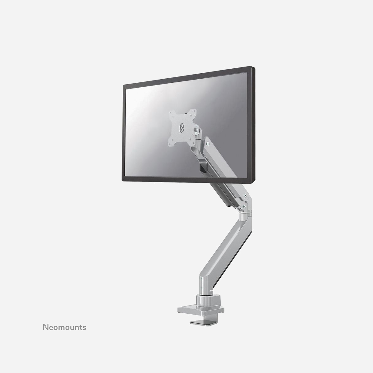Neomounts NM-D775SILVER Support écran bureau 10-32" bras à gaz, VESA 75x75/100x100, pince/œillet, inclinaison 90°, pivot 360°, rotation 180°, hauteur 600mm, profondeur 630mm, 1-15kg - Le support de bureau Neomounts, modèle NM-D775SILVER est un support à bras à gaz quis'incline, se tourne et pivote, il est adapté pour écrans plats jusqu'à 32" (81 cm). Ce support est un excellent choix pour économiser de l'espace sur les bureaux en l'installant à l'aide d'une pince de bureau ou œillet à monter.<br><br>La technique de Neomounts, inclinaison de 180°, rotation de 360° et pivot de 180°/360° permet au montage de changer l'angle de vue pour profiter pleinement des capacités des écrans plats. La hauteur est facilement réglable jusqu'à 60 centimètres grâce à un ressort à gaz. Profondeur réglable jusqu'à 63 cm. Une gestion des câbles unique cache et achemine les câbles pour garder le lieu de travail bien rangé.<br><br>Neomounts NM-D775SILVER a trois points de pivot et est adapté pour écrans plats jusqu'à 32" (81 cm). La capacité de poids de ce produit est de 1 à 16 kg. Ce support de bureau est adapté pour les écrans qui répondent au VESA 75x75 ou 100x100 mm. Différents modèles de trous peuvent être couverts à l'aide des plaques d'adaptation VESA Neomounts.<br><br>Pour les écrans incurvés, nous recommandons nos modèles NM-D775 PLUS; les supports NM-D775SILVERPLUS sont spécialement conçus pour supporter des écrans incurvés. Ils disposent d'une tête renforcée pour les écrans incurvés et sont conçus pour supporter des écrans jusqu'à 49" avec un poids maximum de 18 kg.<br><br>Des maux de cou et de dos peuvent être évités en utilisant un montage ergonomique. Idéal pour une utilisation dans les bureaux et sur les comptoirs ou dans une zone de réception .<br><br>Tout le matériel d'installation est inclus avec le produit.
