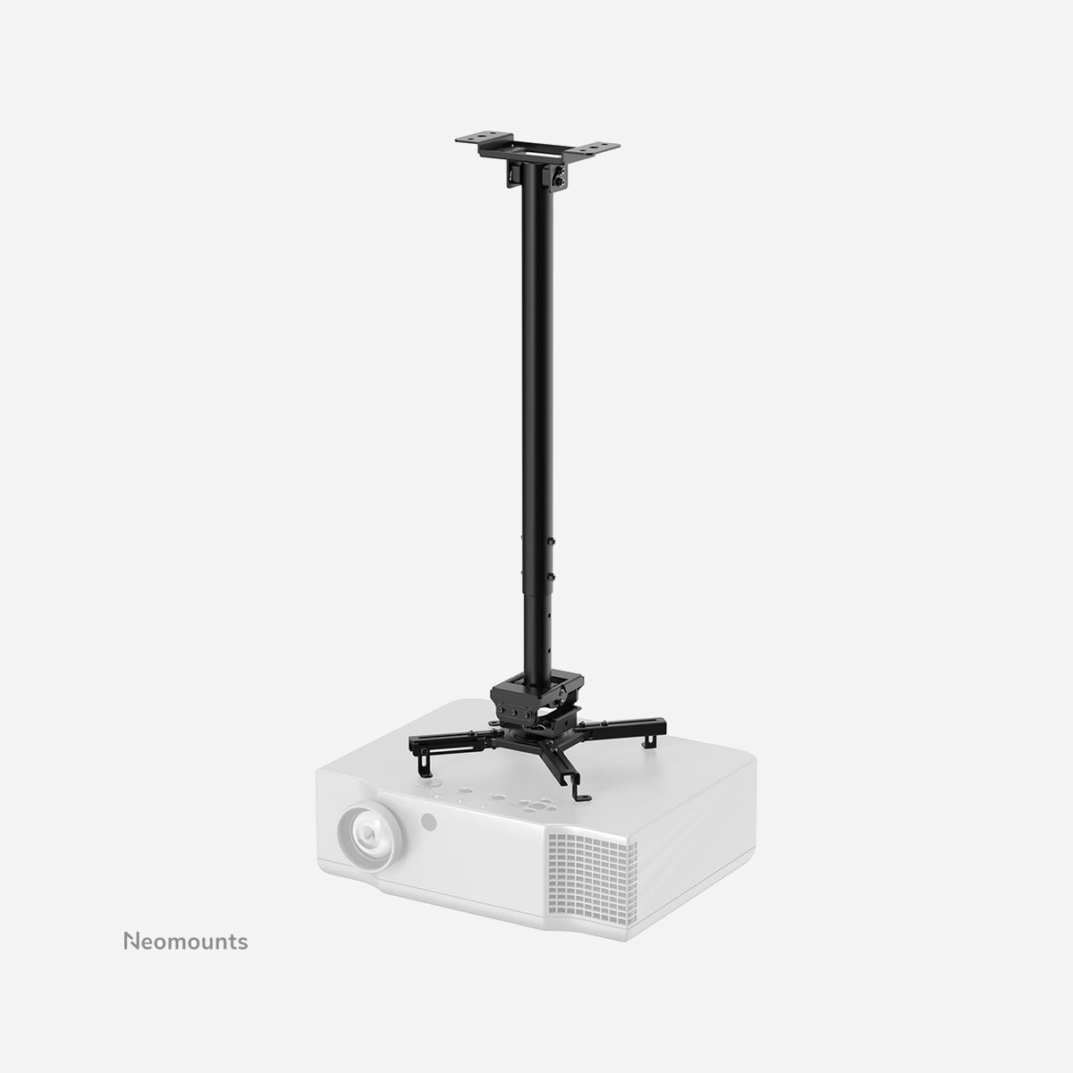 Neomounts CL25-550BL1 Support Plafond Vidéoprojecteur Acier Noir 35kg Orientable +/-20° Rotatif 360° Hauteur Ajustable 74.5-114.5cm - Les Neomounts CL25-550BL1 sont des supports de plafond universel pour vidéo-projecteur. En raison de la capacité de poids élevée jusqu'à 35 kg et des diverses options de réglage, ces supports de plafond pour vidéo-projecteur ont des possibilités d?applications importantes. Les CL25-550BL1 ont quatre bras extensibles et la technologie polyvalente d'inclinaison (+20°, -20°), de rotation (360°) et de pivotement (+8°, -8°), assure un positionnement optimal de la projection sur toute toile, écran ou mur. Les supports sont également réglables en hauteur de 74,5 à 114,5 cm.<br><br>Les Neomounts CL25-550BL1 sont équipés d'un système Easy-release, qui facilite grandement l'installation ; La (dés)installation du vidéo-projecteur sur le support peut être effectuée en un instant et par une seule personne. De plus, le poteau rond permet une installation facile sur un plafond suspendu. Enfin, le tube du support peut être incliné côté plafond, de sorte que l'installation contre un plafond incliné se fait sans effort. La fixation du support lui-même est robuste et ferme, et donc sans vibration.<br><br>Le système de gestion des câbles du CL25-550BL1 garantit que les câbles sont soigneusement dissimulés, car ils sont acheminés à travers le poteau du support de plafond du vidéo-projecteur.