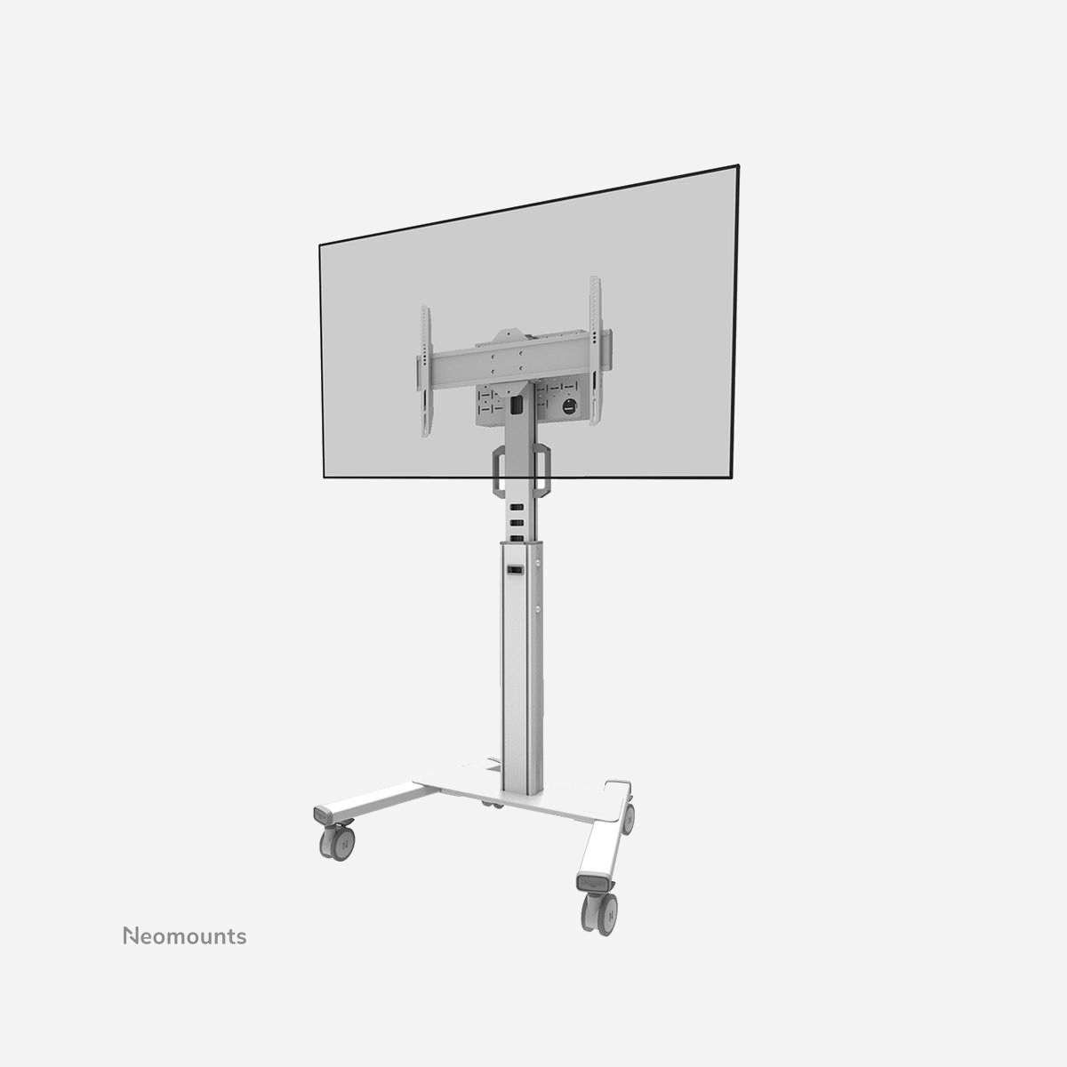 Neomounts FL50S-825WH1 Support Sol Mobile Écran 37-75" 70kg VESA 600x400 Réglage Hauteur 104-157cm avec Compartiment et Roues 10cm - Le Neomounts FL50S-825WH1 MOVE Up est un support au sol mobile pour les écrans plats jusqu'à 75" avec une capacité de poids maximale de 70 kg. Ce chariot est réglable manuellement en hauteur (104-157 cm), ainsi que le haut du support. Un compartiment pour le matériel, verrouillable et ventilé, avec ouverture pour les câbles est inclus, et optionnel pour l'installation (en portrait et en paysage).<br><br>Le chariot MOVE Up est doté de poignées pratiques et de quatre solides roues pivotantes de 10 cm à double blocage qui vous permettent de déplacer et d'utiliser le support de sol où vous le souhaitez. Grâce aux grandes roues pivotantes, les seuils ou les tapis ne posent aucun problème au FL50S-825WH1. L'astucieux système interne de gestion des câbles comporte plusieurs entrées et sorties pour une utilisation flexible (en haut, au milieu, là où est placé le lecteur multimédia, et en bas du chariot) et permet de dissimuler et d'acheminer les câbles du chariot à l'écran. Le support de sol est doté d'un support pratique de gestion des câbles à l'arrière, pour un déplacement facile et sûr. De plus, au bas du chariot, un espace avec des trous d'attache est disponible pour installer une multiprise. Le FL50S-825BL1 est emballé de manière compacte pour un transport et un stockage optimisé.<br><br>Le kit vidéobar et multimédia AFLS-825WH1 est disponible en option et permet d'installer sur le chariot une étagère séparée pour les caméras et les appareils multimédia. Le kit comprend un adaptateur pour le Rally Bar (Mini) de Logitech. De plus, l'étagère multimédia est adaptée à l'installation, entre autres, du Logitech Tap.<br><br>Les kits videobar et multimédia universels AFLS-825WH1 et AV1-825BL sont disponibles en option et permettent l'installation d'un plateau de caméra et d'un plateau multimédia séparés sur le chariot. Les kits comprennent un adaptateur pour la Logitech Rally Bar (Mini) ou la Bose Professional VB-S/VB1 respectivement. Le kit de blocage du frein pour deux roues ABL-875, très pratique, est également disponible pour éviter tout mouvement indésirable.