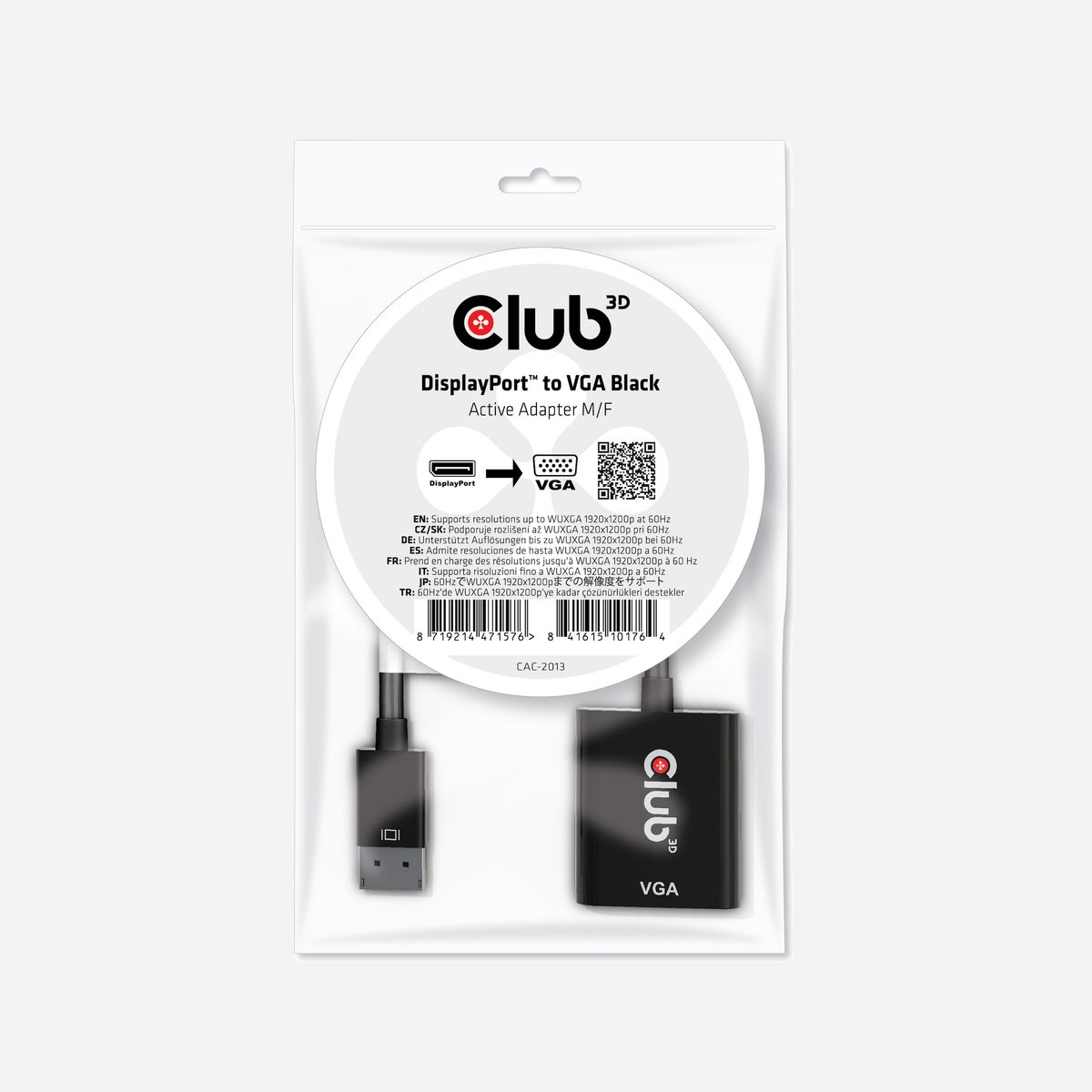 CLUB3D CAC-2013 Adaptateur Vidéo DisplayPort 1.1 vers VGA, Mâle/Femelle, 0.228m, 1920x1200, 5.4Gbit/s, Convertisseur Actif, Noir - CLUB3D CAC-2013. Longueur de câble: 0,228 m, Connecteur 1: Displayport, Connecteur 2: VGA. Certificats de conformité: CE, Federal Communications Commission (FCC), RoHS. Dimensions du connecteur 1 (l x p x h): 37 x 20 x 10 mm, Dimensions du connecteur 2 (l x p x h): 41,8 x 38 x 15,7 mm, Poids: 26 g. Largeur du colis: 215 mm, Profondeur du colis: 150 mm, Hauteur du colis: 18 mm. Quantité: 1 pièce(s)