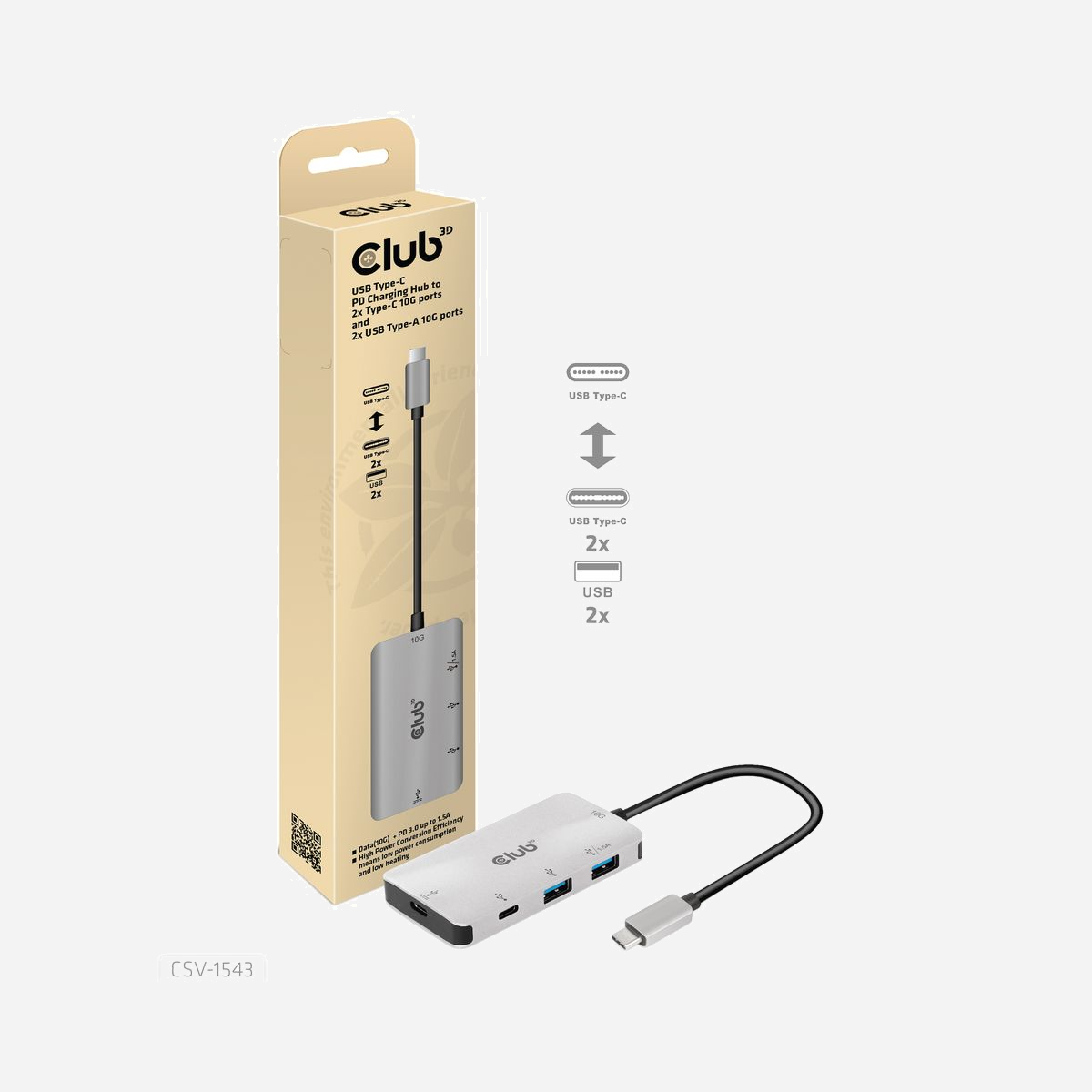 CLUB3D CSV-1543 Station d'accueil USB 3.2 Gen 2 Type-C, 2x USB-A + 2x USB-C, USB Power Delivery 3.0 jusqu'à 100W, 85x45x12mm - CLUB3D CSV-1543. Interface de l'hôte: USB 3.2 Gen 2 (3.1 Gen 2) Type-C, Délivrance de la puissance USB jusqu’à: 100 W. Couleur du produit: Noir, Argent, Interfaces Hub: USB 3.2 Gen 2 (3.1 Gen 2) Type-A, USB 3.2 Gen 2 (3.1 Gen 2) Type-C, Certification: ROHS, FCC, CE EMI. Type d'alimentation d'énergie: USB, Tension de sortie: 5 - 20 V, Courant de sortie: 1,5 A. Largeur: 85 mm, Profondeur: 45 mm, Hauteur: 12 mm. Quantité: 1 pièce(s), Largeur du colis: 70 mm, Profondeur du colis: 35 mm