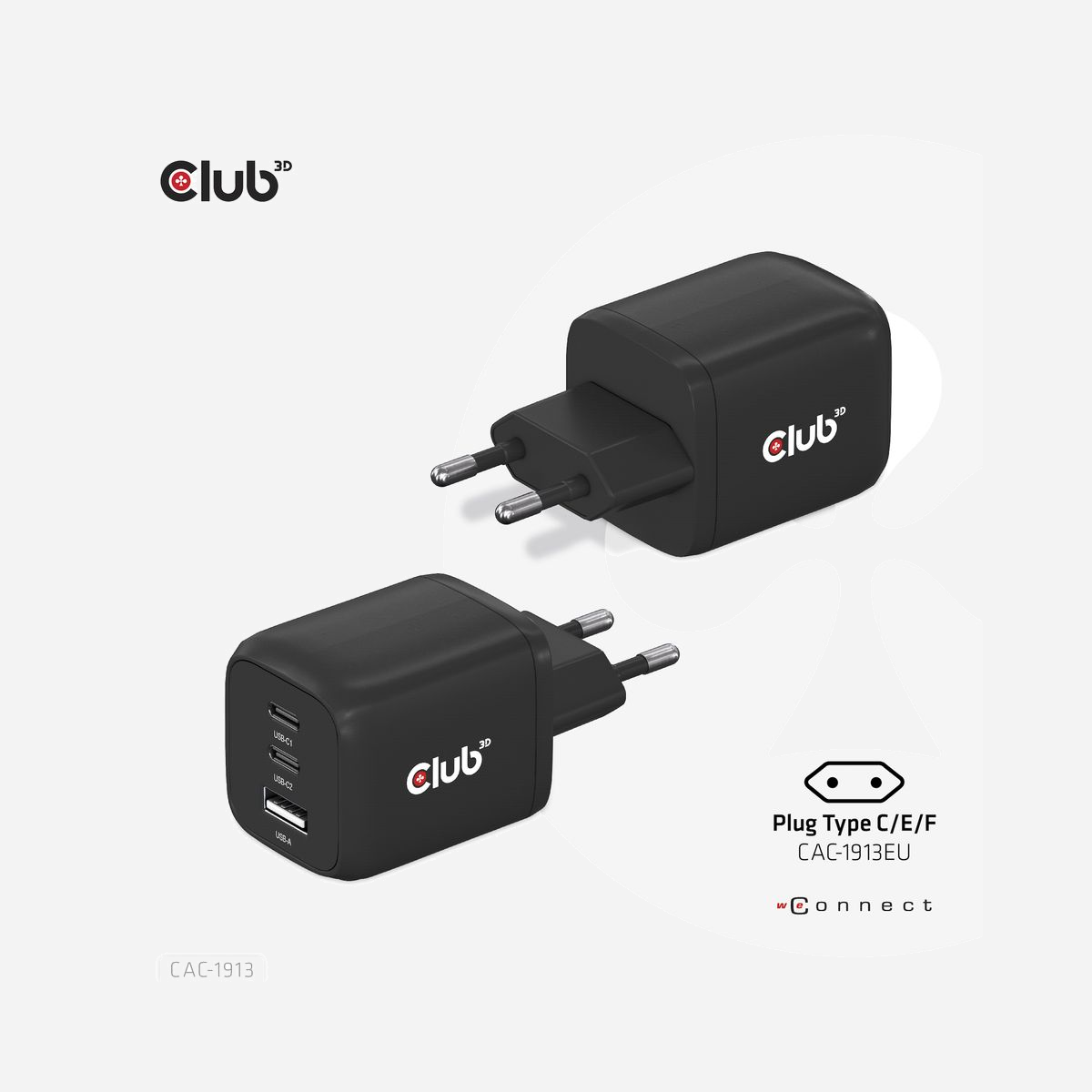 CLUB3D CAC-1913 Chargeur Secteur 65W GaN - 2x USB Type-C + 1x USB Type-A, Power Delivery 3.0, PPS, Compatible Android/iOS/Laptop, Câble USB-C inclus - CLUB3D CAC-1913. Type de chargeur: Intérieure, Type de source d'alimentation: Secteur, Compatibilité de chargeur: Téléphone portable, Ordinateur portable, Smartphone, Universel. Tension d'entrée: 240 V, Tension de sortie (max): 20 V, Courant de sortie de l'adaptateur secteur: 20 A. Quantité de ports USB de type C: 2, Charge rapide, Dispositifs de protection électrique: Sur-courant, Surtension, Surchauffe, Surcharge, Court-circuit. Longueur de câble: 1 m, Couleur du produit: Noir