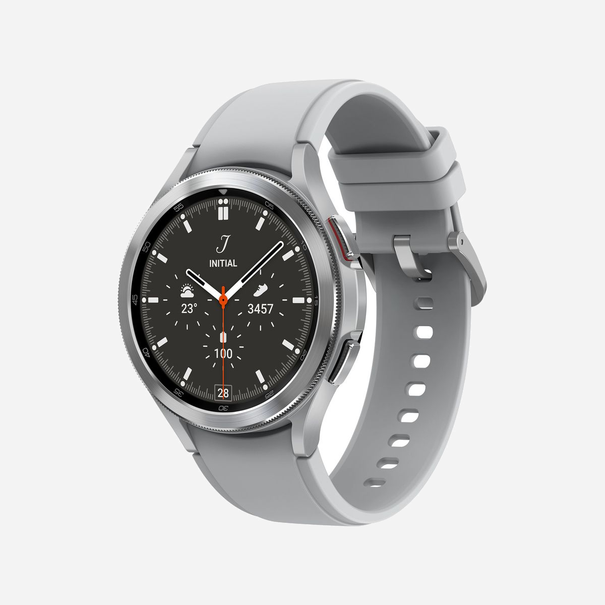 Samsung Galaxy Watch4 Classic 46mm Argent - Écran 1.4" Super AMOLED 450x450, 1.5Go RAM, 16Go Flash, Wear OS, WiFi, GPS, Bluetooth 5.0 - Samsung Galaxy Watch4 Classic . Taille de l'écran: 3,56 cm (1.4"), Technologie d'affichage: OLED, Résolution de l'écran: 450 x 450 pixels, Écran tactile. Fréquence du processeur: 1180 MHz, Capacité de la RAM: 1500 Mo, Memoire flash: 16 Go. Wifi. GPS (satellite). Capacité de la batterie: 247 mAh. Poids: 52 g. Couleur du bracelet: Gris. Système d'exploitation installé: Wear OS
