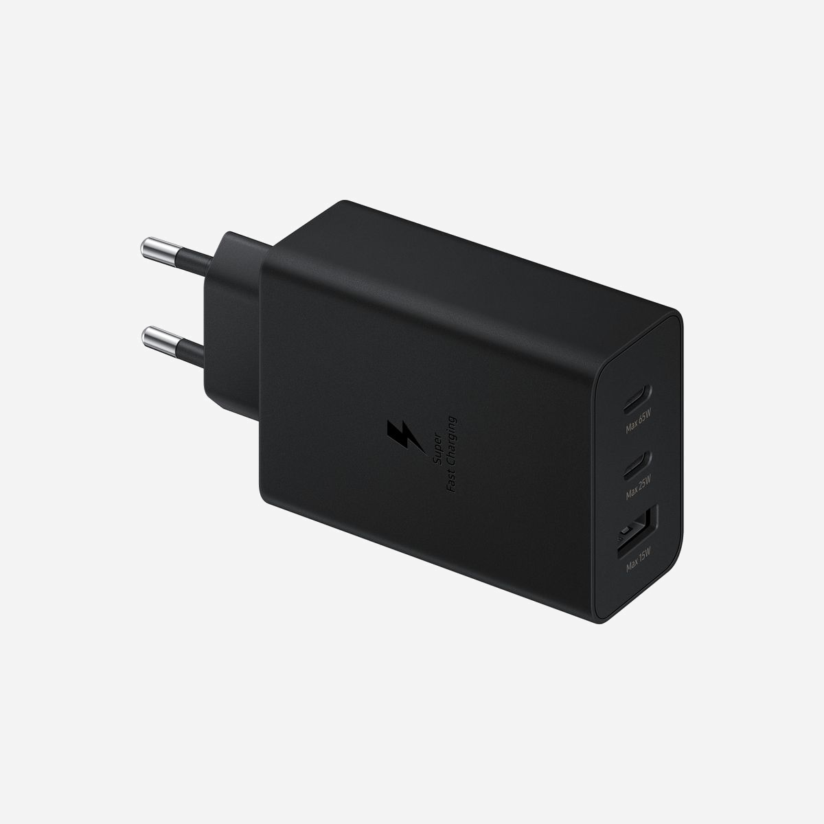 Chargeur Secteur Samsung EP-T6530NBEGEU Noir - 2 Ports USB-C + 1 Port USB-A 3.2 Gen 1 - 100/240V - Sortie Max 20V - 52x108.3x30mm - Samsung EP-T6530. Type de chargeur: Intérieure, Type de source d'alimentation: Secteur, Compatibilité de chargeur: Écouteurs, Casque, Netbook, Ordinateur portable, Smartphone, Smartwatch, Tablette. Tension d'entrée: 100/240 V, Tension de sortie (max): 20 V. Quantité de ports USB de type C: 2. Couleur du produit: Noir