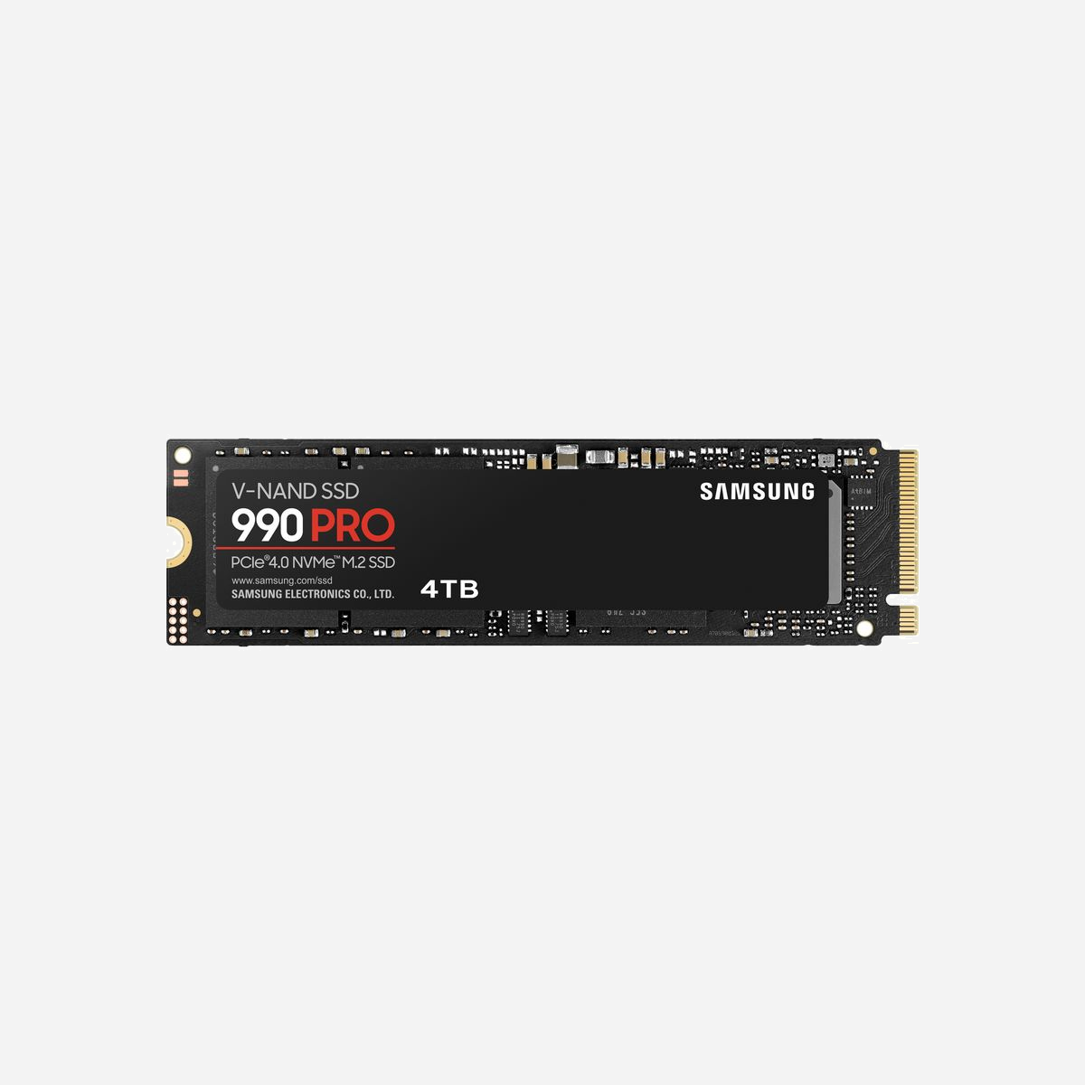 Samsung SSD 990 PRO 4 To M.2 PCIe 4.0 NVMe 2.0 V-NAND MLC, Lecture 7450 Mo/s, Ecriture 6900 Mo/s, 1400K/1550K IOPS, AES 256-bit - Le SSD Ultime<br>Atteigner les limites du PCIe® 4.0.<br>Un maintien des performances sur le long terme vous permettant de dominer vos adversaires.<br>Le contrôleur made-in Samsung de gestion intelligente de la chaleur propose une optimisation de la puissance tout en maintenant des vitesses et des performances féroces, pour toujours vous garder au top de votre jeu.<br><br>Vitesse maximale du PCIe 4.0<br>Gain de vitesse gigantesque. <br>Vitesses de lecture/ecriture aléatoire sont 40% et 50% plus rapides que le 980 PRO - Jusqu'à 1400K/1650K IOPS, pendant que la vitesse séquentielle de lecture/écriture est de 7450/6900 Mo/s atteignant presque les performances maximales du PCIe® 4.0. Soyez au top que ce soit pour le gaming, le montage vidéo et 3D, l'analyse de données et bien plus encore.<br><br>Gestion de l'énergie révolutionnaire<br>Meilleure performance de gestion d'énergie. <br>L'augmentation des performances consomme en général plus d'énergie.<br>Mais, le 990 PRO utilise moins d'énergie avec plus de 50% de ses performances améliorées par Watt par rapport au 980 PRO. <br>Ce design très peu gourmand en énergie rend les performances maximales du PCIe® 4.0 atteignables avec une gestion énergétique optimale.<br><br>Solution thermique intelligente<br>La vitesse au-delà de la chaleur. <br>Le revêtement en nickel du contrôleur Samsung et l'algorithme de pointe du contrôle thermique gère la chaleur pour des performances inébranlables. <br> L'étiquette du dissipateur de chaleur contrôle la chaleur de la puce NAND, pendant que le Dynamic Thermal Guard conserve les températures optimales.<br><br>Créateur de champion<br>La meilleure expérience de jeu.<br>Avec une amélioration de plus de 55% des performances aléatoires permettant des chargements plus rapides pour un réalisme gaming ultime sur la PS5 et les jeux PC profitant du Direct Storage.<br><br>Logiciel Samsung Magician<br>Libérer toute la puissance du 990 PRO.<br>La simplicitié d'utilisation du logiciel Samsung Magician et de ses outils d'optimisation vous permet de toujours tirer profit des meilleurs performances de votre SSD. <br>Protéger vos données importantes, surveiller l'état du disque et recever les mises à jour importantes. Votre boite à outils pour votre SSD.<br><br>Le n°1 mondial de la mémoire Flash<br>Profiter dune durée de vie et de performances supérieures que seule la première marque de mémoire flash au monde depuis 2003 peut vous offrir. Tous les firmwares et composants, dont les mémoires Samsung DRAM et NAND mondialement connues, sont fabriqués dans nos usines et nous permet donc de vous assurer une qualité impeccable.