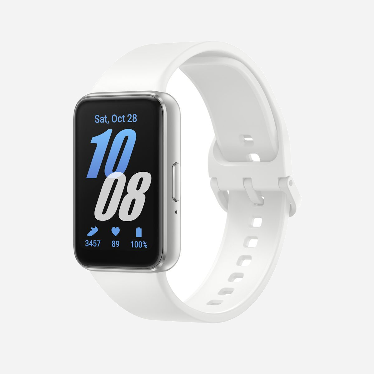 Samsung Galaxy Fit3 SM-R390NZSAEUE, Ecran AMOLED 1.6" 256x402, RAM 16Mo, Flash 0.256Go, Bluetooth 5.3, Batterie 208mAh, FreeRTOS, Boîtier Aluminium 40mm Argent, Bracelet Blanc, IP68, 18.5g - Samsung Galaxy Fit3. Taille de l'écran: 4,06 cm (1.6"), Technologie d'affichage: AMOLED, Résolution de l'écran: 256 x 402 pixels, Écran tactile. Capacité de la RAM: 16 Mo, Memoire flash: 0,256 Go. Capacité de la batterie: 208 mAh. Poids: 18,5 g. Couleur du bracelet: Blanc. Système d'exploitation installé: FreeRTOS