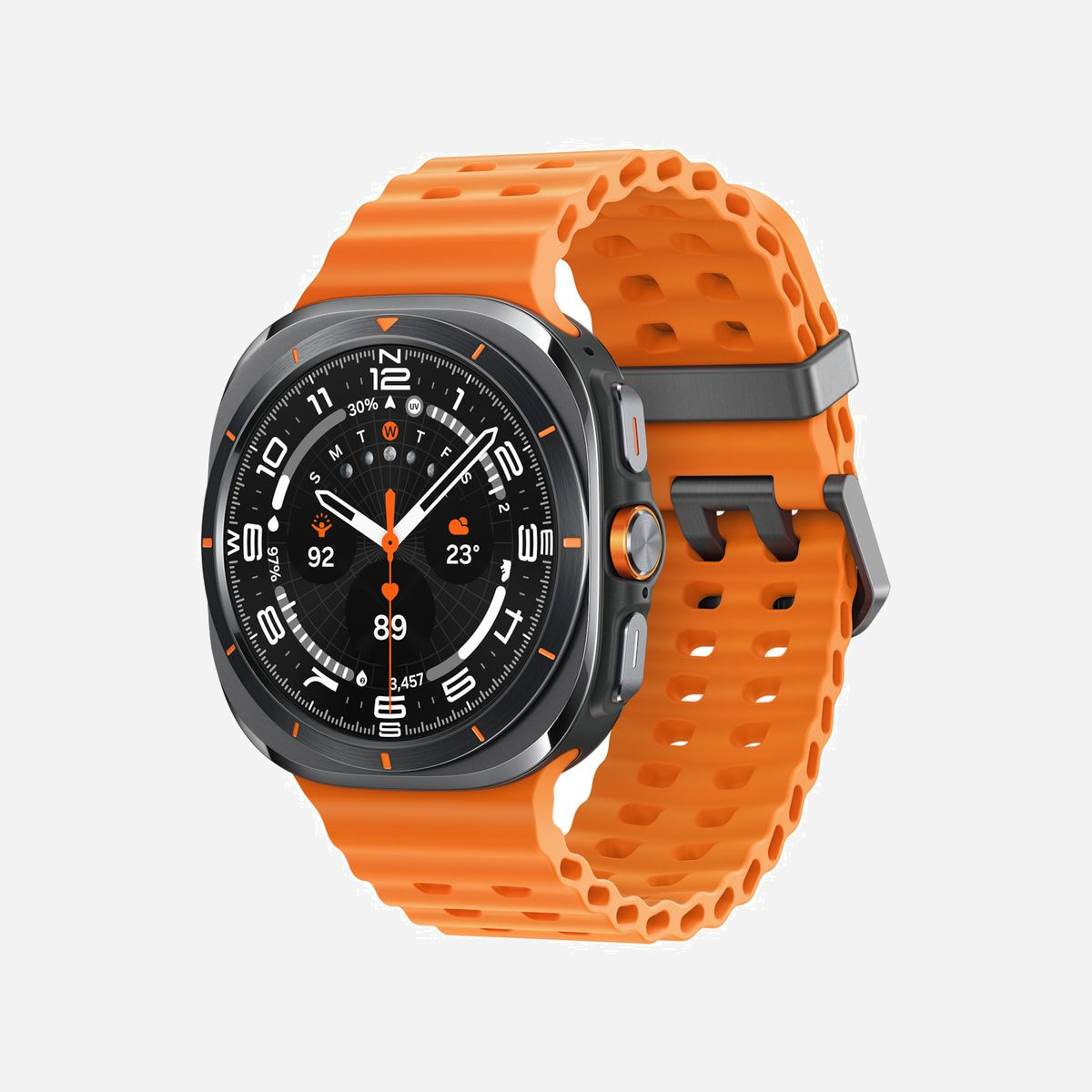 Samsung Galaxy Watch Ultra SM-L705FDAAEUB, Écran 1.5" Super AMOLED 480x480, 4G, WiFi, GPS, Boîtier Titane 47mm, Wear OS, RAM 2Mo, Batterie 590mAh - Samsung Galaxy Watch Ultra . Taille de l'écran: 3,81 cm (1.5"), Technologie d'affichage: AMOLED, Résolution de l'écran: 480 x 480 pixels, Écran tactile. Capacité de la RAM: 2 Mo. Wifi. GPS (satellite). Capacité de la batterie: 590 mAh. Poids: 60,5 g. Couleur du bracelet: Orange, Taille du bracelet: Taille unique. Système d'exploitation installé: Wear OS