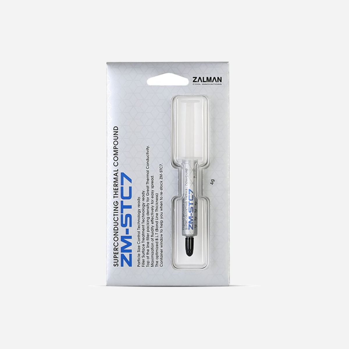 Zalman ZM-STC7 Pâte Thermique 4g Conductivité 7.2 W/m·K Densité 2.6 g/cm³ Oxyde de Zinc/Silicone Viscosité 220 Pa.s Certifié RoHS - Zalman ZM-STC7. Сonductibilité de la chaleur: 7,2 W/m·K, Densité: 2,6 g/cm³, Ingrédients constitutifs: Oxyde de zinc, Silicone. Largeur: 117,4 mm, Profondeur: 21,2 mm, Hauteur: 15 mm. Quantité: 1 pièce(s), Type d'emballage: Emballage en polyéthylène avec orifice de suspension
