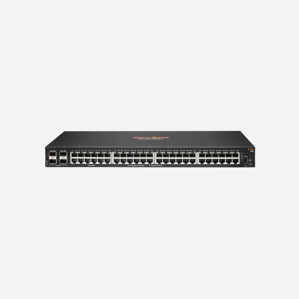 HPE Aruba Networking 6100 48G 4SFP+ Switch Gigabit Ethernet L3 Géré, 48 Ports RJ-45 10/100/1000, 4x SFP+, 1U, QoS, IPv6, Noir - La gamme de commutateurs Aruba CX 6100 est une gamme moderne de commutateurs d’accès d’entrée de gamme, qui sont la réponse idéale pour les succursales, les entreprises de taille moyenne et les réseaux PME. Conçus pour un accès fiable, simple et sécurisé, les commutateurs Aruba CX 6100 apportent une solution d’accès filaire pratique pour les réseaux d’entreprise qui prennent en charge les applications cloud, mobiles et IoT. Préparez votre réseau aux demandes imprévisibles de demain avec une architecture Aruba ASIC puissante et un système d’exploitation AOS-CX programmable, utilisés dans l’ensemble du portefeuille Aruba CX pour offrir à l’opérateur une expérience plus efficace et plus cohérente. Cette gamme de commutateurs de couche 2 dispose de liaisons montantes haut débit intégrées pratiques avec jusqu'à 370 W de PoE IEEE 802.3at de classe 4 pour prendre en charge les dispositifs IoT tels que les caméras de sécurité et les points d’accès sans fil. Un modèle compact à 12 ports et sans ventilateur est idéal pour une utilisation dans les espaces de travail silencieux. Avec un robuste QoS, la prise en charge du routing statique, et IPv6, Aruba CX 6100 simplifie également le principe de possession sans exigences de licences logicielles pour les commutateurs.<br><br><b>Caractéristiques</b><br><br><b>Commutateurs de couche d’accès Aruba CX d’entrée de gamme</b><br>- La gamme de commutateurs Aruba CX 6100 offre la connectivité Gigabit avec des liaisons montantes haut débit et une fonction PoE en option, permettant d’assurer une connectivité d’accès filaire d'entrée de gamme, fiable et pratique pour les réseaux des PME et des succursales d’entreprise.<br>- L’utilisation du système d’exploitation Aruba AOS-CX dans l’ensemble des plateformes de commutation Aruba CX et des domaines de déploiement, offre à l’opérateur une expérience plus simple et plus cohérente.<br>- Des commutateurs de niveau entreprise entièrement gérés offrent des fonctionnalités de couche 2 avec une prise en charge du routage statique, des ACL, un QoS robuste, une hiérarchisation du trafic, du réseau sFlow et IPv6.<br>- Déploiement parfaitement dimensionné avec un choix de modèles 1U à 12, 24 et 48 ports, avec des liaisons montantes 1/10GbE intégrées et jusqu’à 370 W de PoE de classe 4 très pratiques.<br>- Simplifie les modèles de propriété sans aucune licence logicielle de commutateur ni abonnement requis.<br><br><b>Puissance et performances</b><br>- La gamme de commutateurs Aruba CX 6100 est conçue avec une architecture Aruba ASICS, qui offre une latence très faible, une mémoire tampon de paquets accrue et une consommation d’énergie adaptative.<br>- Déployez des points d’accès sans fil et des dispositifs IoT avec les modèles Aruba CX 6100 qui prennent en charge jusqu'à 370 W IEEE 802.3at Classe 4 Power over Ethernet jusqu'à 30 W par port.<br>- Quatre liaisons montantes 1/10GbE à vitesse filaire intégrées suppriment les goulets d’étranglement au niveau de la couche d’accès à l’emplacement de connexion des utilisateurs et des dispositifs.<br><br><b>Gestion et configuration simplifiées</b><br>- La gamme de commutateurs Aruba CX 6100 offre la flexibilité pour gérer et simplifier les configurations avec Aruba Central, Aruba NetEdit, une interface graphique Web facile à utiliser et un CLI aux normes du secteur.<br>- Aruba NetEdit présente une automatisation qui permet des changements rapides à l’échelle du réseau et vérifie la conformité avec les stratégies après les mises à jour du réseau.<br>- Gestion via une vue unifiée avec Aruba Central sur l’ensemble du réseau filaire, sans fil et WAN.<br>- Réduisez les tâches manuelles des opérations IT liées au déploiement initial ou aux changements récurrents de configuration pour prendre en charge les ajouts, les déplacements et les modifications avec des ports incolores, grâce à des rôles utilisateurs locaux et une authentification MAC locale (LMA).<br>- Compatible avec le principe software-defined avec des API compatibles REST, permettant une programmabilité affinée des tâches réseau.