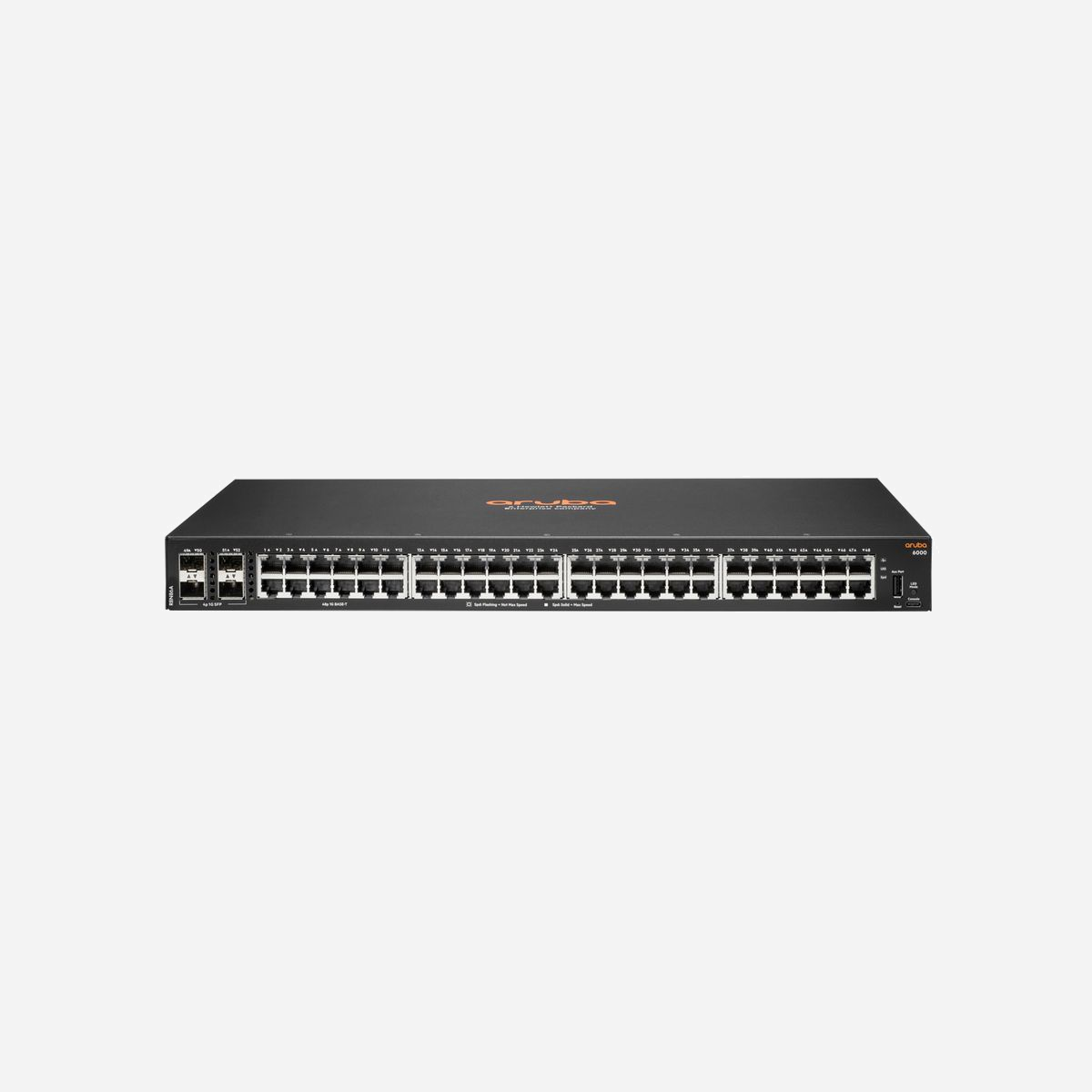 HPE Aruba Networking Aruba 6000 48G Switch Gigabit Ethernet L3 Géré - 48xRJ45 10/100/1000, 4xSFP, 1U, QoS, VLAN, ACL, ARM Cortex-A9 - La gamme de commutateurs Aruba CX 6000 est une gamme moderne de commutateurs d’accès d’entrée de gamme, qui sont la réponse idéale pour les filiales, les entreprises de taille moyenne et les petites entreprises. Conçus pour un accès fiable, simple et sécurisé, les commutateurs Aruba CX 6000 apportent une solution d’accès filaire pratique et économique pour les réseaux d’entreprise qui prennent en charge les applications cloud, mobiles et IoT. La gamme Aruba CX 6000 est basée sur l’architecture ASIC d’Aruba avec le système d’exploitation programmable AOS-CX utilisé sur l’ensemble de la gamme Aruba CX pour une expérience opérateur plus cohérente et plus efficace. Cette gamme entièrement gérée dispose de liaisons montantes intégrées pratiques avec jusqu’à 370 W de PoE de classe 4 pour prendre en charge les dispositifs IoT tels que les caméras de sécurité et les points d’accès sans fil. Un modèle compact et sans ventilateur est idéal pour une utilisation dans les petits espaces de travail silencieux. La série Aruba CX 6000 est facile à déployer et à utiliser, avec des options de gestion flexibles, permettant de s’adapter au mieux à votre entreprise et à votre environnement réseau.<br><br><b>Caractéristiques</b><br><br><b>Commutateurs de couche d’accès Aruba CX d’entrée de gamme</b><br>- La gamme de commutateurs Aruba CX 6000 offre une connectivité Ethernet Gigabit et une fonction PoE en option, permettant d’assurer une connectivité d’accès filaire d’entrée de gamme, fiable et pratique pour les réseaux des PME et des filiales d’entreprise.<br>- L’utilisation du système d’exploitation Aruba AOS-CX dans l’ensemble des plateformes de commutation Aruba CX et des domaines de déploiement de l’accès au cœur au datacenter, offre à l’opérateur une expérience plus simple et plus cohérente.<br>- Des commutateurs de niveau entreprise entièrement gérés offrent des fonctionnalités de couche 2 avec une prise en charge du routage statique, des ACL, un QoS robuste, une hiérarchisation du trafic, du réseau sFlow et IPv6.<br>- Déploiement parfaitement dimensionné avec un choix de modèles 1U à 12, 24 et 48 ports, avec des liaisons montantes 1GbE intégrées et jusqu’à 370 W de PoE de classe 4 très pratiques.<br>- Simplifie les modèles de propriété sans aucune licence logicielle de commutateur ni abonnement requis.<br><br><b>Puissance et performances</b><br>- La gamme de commutateurs Aruba CX 6000 est conçue avec une architecture Aruba ASICS, qui offre une latence très faible, une mémoire tampon de paquets accrue et une consommation d’énergie adaptative.<br>- Déployez des points d’accès sans fil et des dispositifs IoT avec les modèles Aruba CX 6000 qui prennent en charge jusqu’à 370 W IEEE 802.3 de Power over Ethernet de classe 4 jusqu’à 30 W par port.<br>- Jusqu’à quatre liaisons montantes 1GbE à vitesse filaire intégrées suppriment les goulets d’étranglement au niveau de la couche d’accès à l’emplacement de connexion des utilisateurs et des dispositifs.<br><br><b>Gestion et configuration simplifiées</b><br>- La gamme de commutateurs Aruba CX 6000 offre la flexibilité pour gérer et simplifier les configurations avec Aruba NetEdit, une interface Web facile à utiliser et un CLI aux normes du secteur.<br>- Aruba NetEdit présente une automatisation qui permet des changements rapides à l’échelle du réseau et vérifie la conformité avec les stratégies après les mises à jour du réseau.<br>- Compatible avec le principe software-defined avec des API compatibles REST, permettant une programmabilité affinée des tâches réseau.<br>- Réduisez les tâches manuelles des opérations IT liées au déploiement initial ou aux changements récurrents de configuration pour prendre en charge les ajouts, les déplacements et les modifications avec des ports incolores, grâce à des rôles utilisateurs locaux et une authentification MAC locale (LMA).