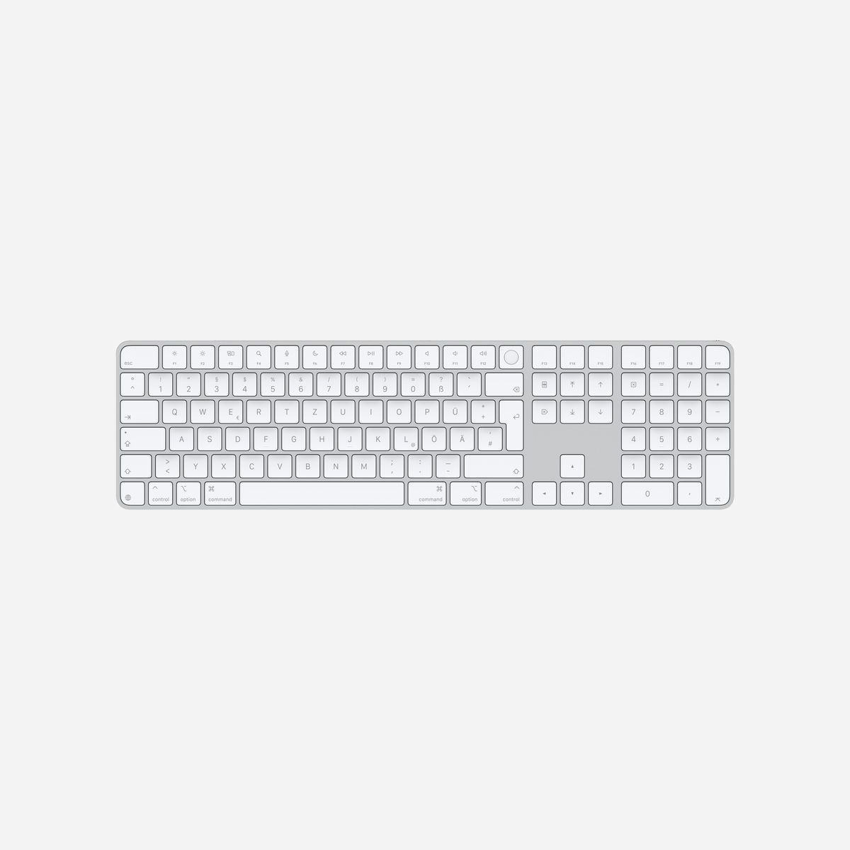 Apple Magic Keyboard avec Touch ID MXK73D/A, QWERTZ Allemand, USB + Bluetooth, Pavé numérique, Blanc, Batterie intégrée, Compatible macOS - Le Magic Keyboard est disponible avec Touch ID et vous offre ainsi une méthode d’authentification simple, rapide et sécurisée pour vos connexions et vos achats.<br><br>Le Magic Keyboard avec Touch ID et pavé numérique vous garantit une frappe d’un confort et d’une précision remarquables. Son format étendu intègre des commandes de navigation pour un défilement rapide et des touches fléchées de taille standard pour les jeux. Quant au pavé numérique, il est idéal pour les feuilles de calcul et les applications financières. Ce clavier sans fil intègre une batterie rechargeable qui lui permet de fonctionner environ un mois ou plus entre deux charges. Il s’associe automatiquement à votre Mac, pour que vous puissiez vous mettre au travail sans attendre.<br><br>Il est doté d’un port USB‑C et s’accompagne d’un câble de charge USB‑C tissé qui vous permet de le jumeler et de le recharger en le branchant sur un port USB‑C de votre Mac.