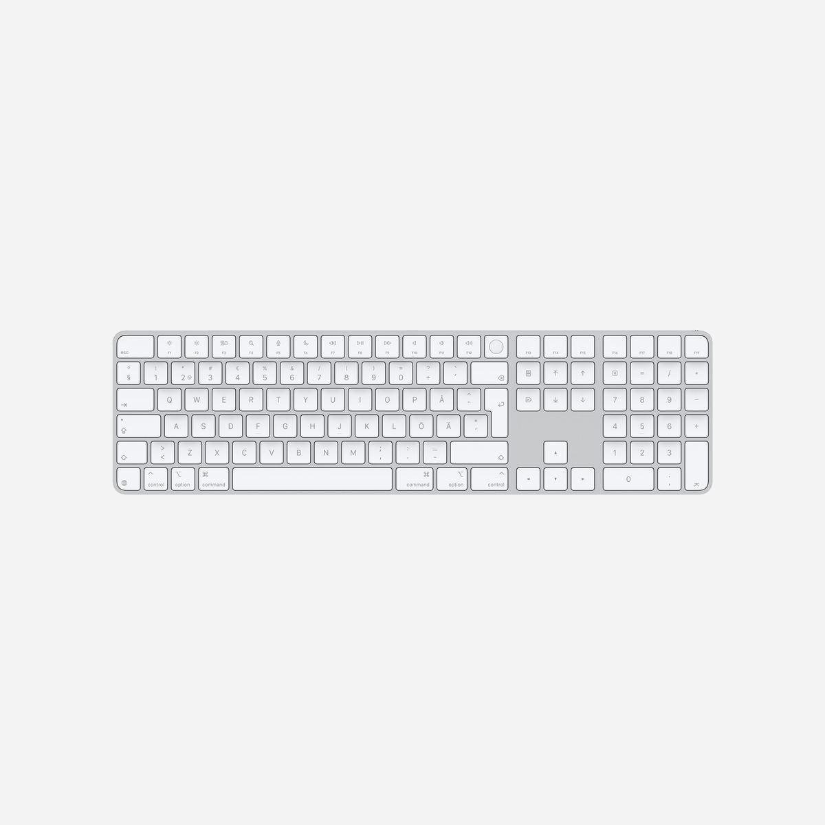 Apple Magic Keyboard avec Touch ID MXK73S/A, QWERTY Suédois, USB + Bluetooth, Pavé Numérique, Blanc, Batterie intégrée, Compatible macOS. - Le Magic Keyboard est disponible avec Touch ID et vous offre ainsi une méthode d’authentification simple, rapide et sécurisée pour vos connexions et vos achats.<br><br>Le Magic Keyboard avec Touch ID et pavé numérique vous garantit une frappe d’un confort et d’une précision remarquables. Son format étendu intègre des commandes de navigation pour un défilement rapide et des touches fléchées de taille standard pour les jeux. Quant au pavé numérique, il est idéal pour les feuilles de calcul et les applications financières. Ce clavier sans fil intègre une batterie rechargeable qui lui permet de fonctionner environ un mois ou plus entre deux charges. Il s’associe automatiquement à votre Mac, pour que vous puissiez vous mettre au travail sans attendre.<br><br>Il est doté d’un port USB‑C et s’accompagne d’un câble de charge USB‑C tissé qui vous permet de le jumeler et de le recharger en le branchant sur un port USB‑C de votre Mac.