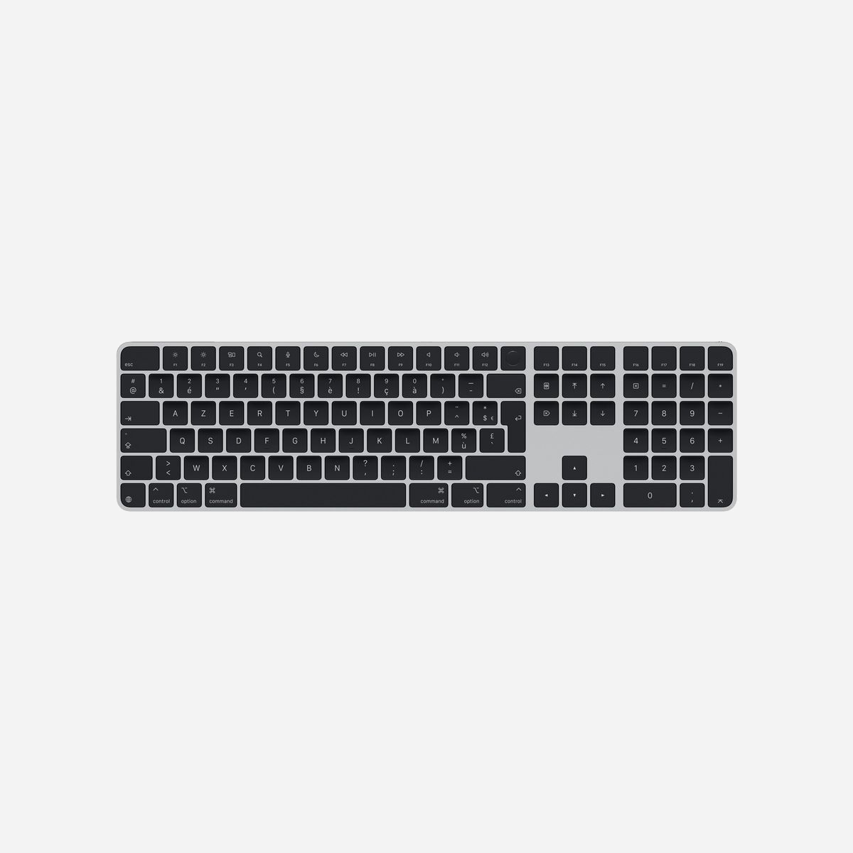 Apple Magic Keyboard avec Touch ID MXK83F/A AZERTY Français Noir - USB + Bluetooth, Pavé numérique, Batterie intégrée, Compatibilité macOS - Le Magic Keyboard est disponible avec Touch ID et vous offre ainsi une méthode d’authentification simple, rapide et sécurisée pour vos connexions et vos achats.<br><br>Le Magic Keyboard avec Touch ID et pavé numérique vous garantit une frappe d’un confort et d’une précision remarquables. Son format étendu intègre des commandes de navigation pour un défilement rapide et des touches fléchées de taille standard pour les jeux. Quant au pavé numérique, il est idéal pour les feuilles de calcul et les applications financières. Ce clavier sans fil intègre une batterie rechargeable qui lui permet de fonctionner environ un mois ou plus entre deux charges. Il s’associe automatiquement à votre Mac, pour que vous puissiez vous mettre au travail sans attendre.<br><br>Il est doté d’un port USB‑C et s’accompagne d’un câble de charge USB‑C tissé qui vous permet de le jumeler et de le recharger en le branchant sur un port USB‑C de votre Mac.