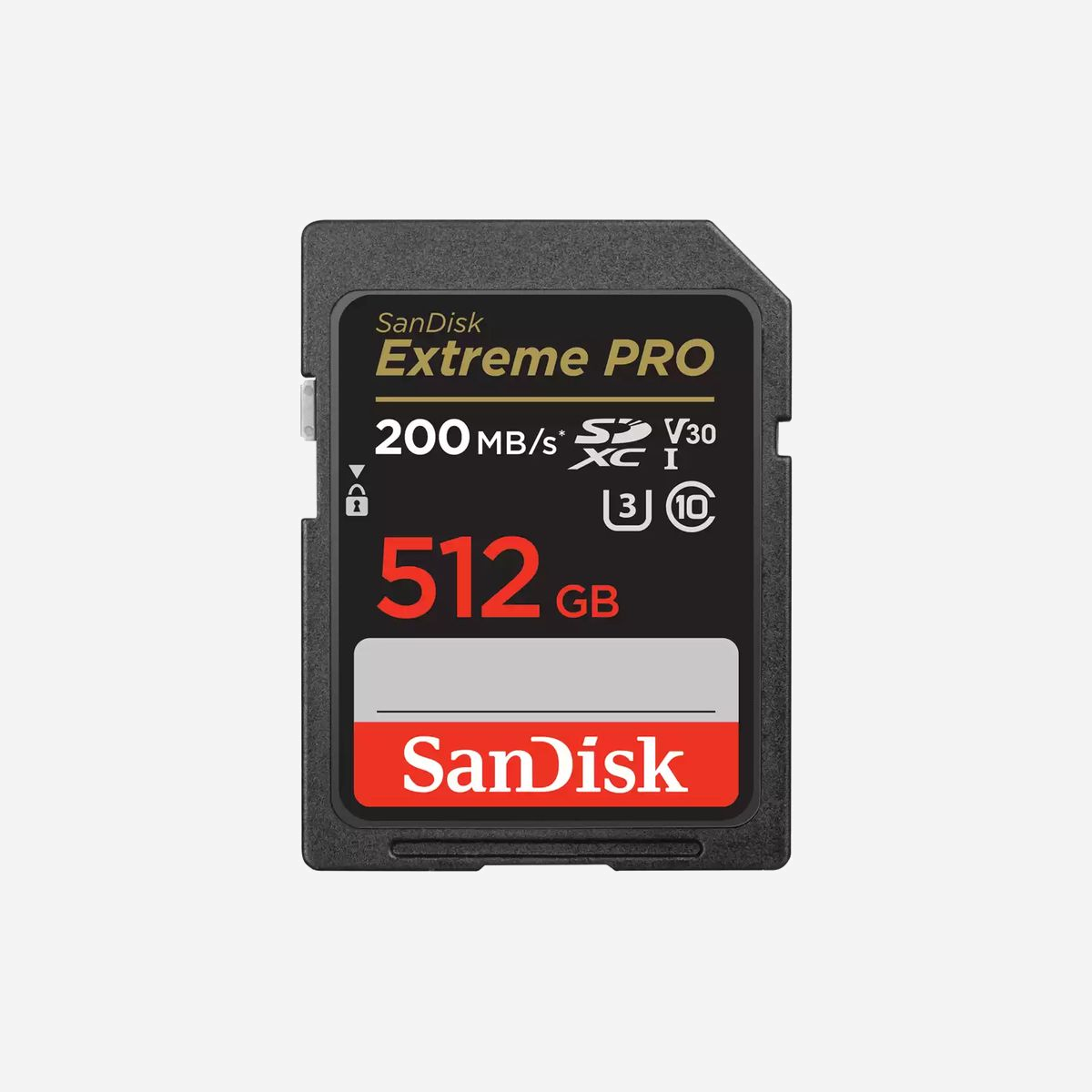 SanDisk Extreme PRO 512 Go SDXC - Classe 10, U3, V30 - Lecture 200 Mo/s, Ecriture 140 Mo/s - Résistante aux chocs, eau et rayons X - SanDisk Extreme PRO. Capacité: 512 Go, Type de Carte Flash: SDXC, Classe de mémoire Flash: Classe 10, Vitesse de lecture: 200 Mo/s, Vitesse d'écriture: 140 Mo/s, Classe de vitesse UHS: Class 3 (U3), Classe de vitesse vidéo: V30. Fonctions de protection: Résistant aux chocs, Imperméable, Résistant aux rayons X, Couleur du produit: Noir