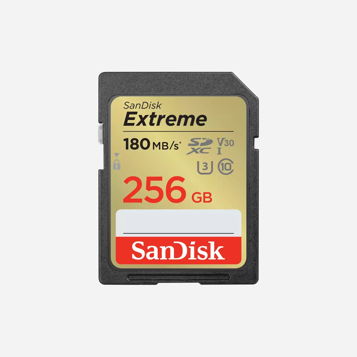 SanDisk Extreme 256 Go SDXC UHS-I Classe 10, Lecture 180 Mo/s, Ecriture 130 Mo/s, U3/V30, Résistante Température/Rayons X/Eau - SanDisk Extreme. Capacité: 256 Go, Type de Carte Flash: SDXC, Classe de mémoire Flash: Classe 10, Type de mémoire interne: UHS-I, Vitesse de lecture: 180 Mo/s, Vitesse d'écriture: 130 Mo/s, Classe de vitesse UHS: Class 3 (U3), Classe de vitesse vidéo: V30. Fonctions de protection: Résistant à une température, Imperméable, Résistant aux rayons X, Couleur du produit: Noir, Or