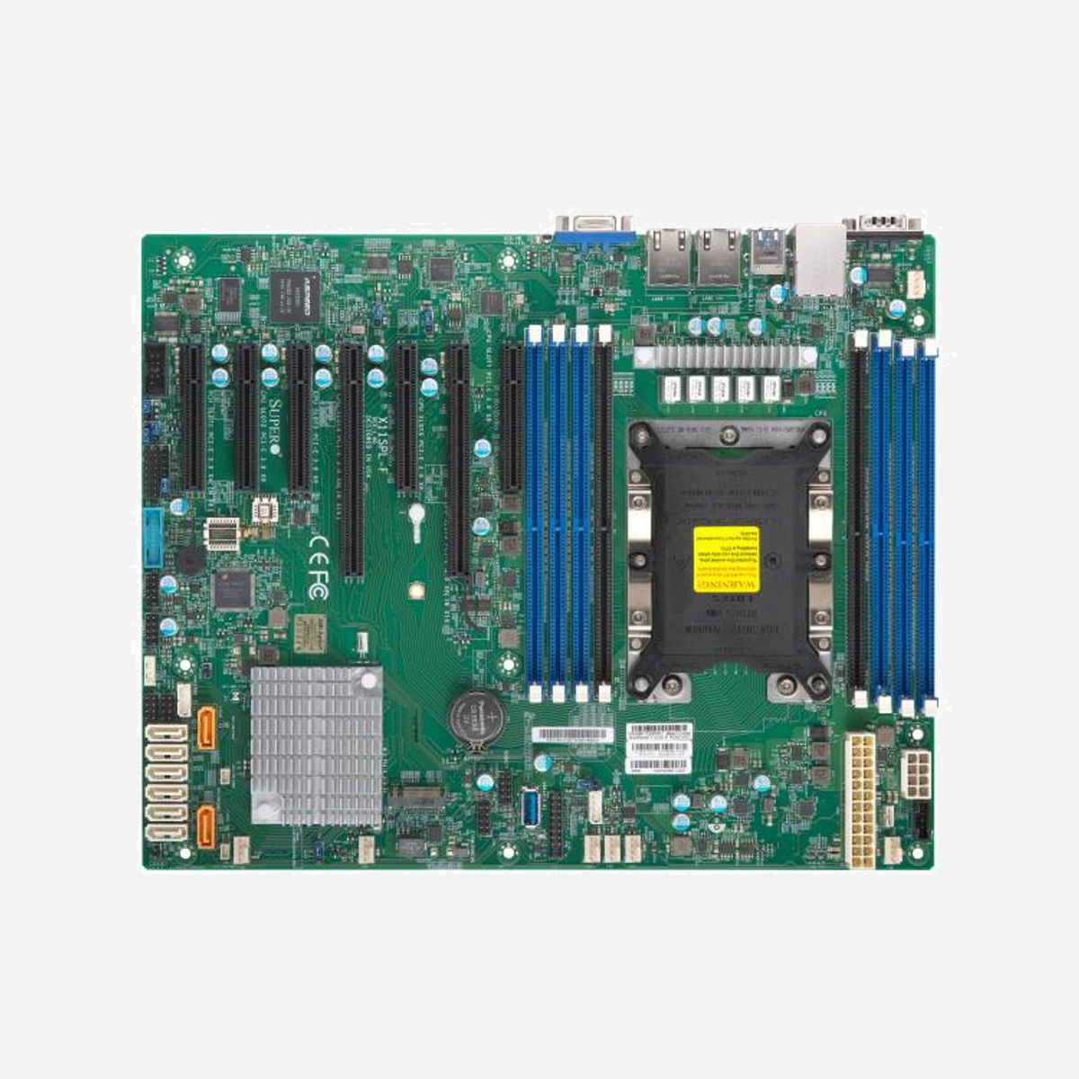 Supermicro X11SPL-F - Carte Mère Serveur ATX - Socket LGA 3647 - Intel C621 - DDR4-SDRAM 2To max - SATA III RAID 0/1/5/10 - Gigabit Ethernet - Supermicro X11SPL-F. Fabricant de processeur: Intel, Socket de processeur (réceptable de processeur): LGA 3647 (Socket P), Puissance thermique du processeur (max): 165 W. Types de mémoire pris en charge: DDR4-SDRAM, Mémoire interne maximale: 2,05 To, Mémoire de tension: 1.2 V. Interfaces de lecteur de stockage prises en charge: SATA III, Niveaux RAID: 0, 1, 5, 10. Modèle d'adaptateur graphique inclus: Aspeed AST2500. Type d'interface Ethernet: Gigabit Ethernet