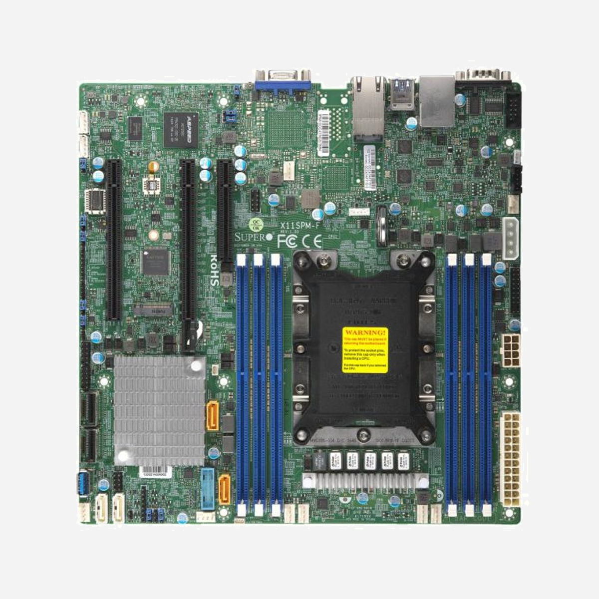 Supermicro X11SPM-F : Carte mère micro ATX Intel C621, Socket LGA 3647, DDR4 ECC 768GB max, SATA III RAID 0/1/5/10, Aspeed AST2500 - Supermicro X11SPM-F. Fabricant de processeur: Intel, Socket de processeur (réceptable de processeur): LGA 3647 (Socket P), Puissance thermique du processeur (max): 165 W. Types de mémoire pris en charge: DDR4-SDRAM, Mémoire interne maximale: 768 Go, Mémoire de tension: 1.2 V. Interfaces de lecteur de stockage prises en charge: SATA III, Niveaux RAID: 0, 1, 5, 10. Modèle d'adaptateur graphique inclus: Aspeed AST2500. Elément de forme de carte mère: micro ATX, Carte mère chipset: Intel® C621