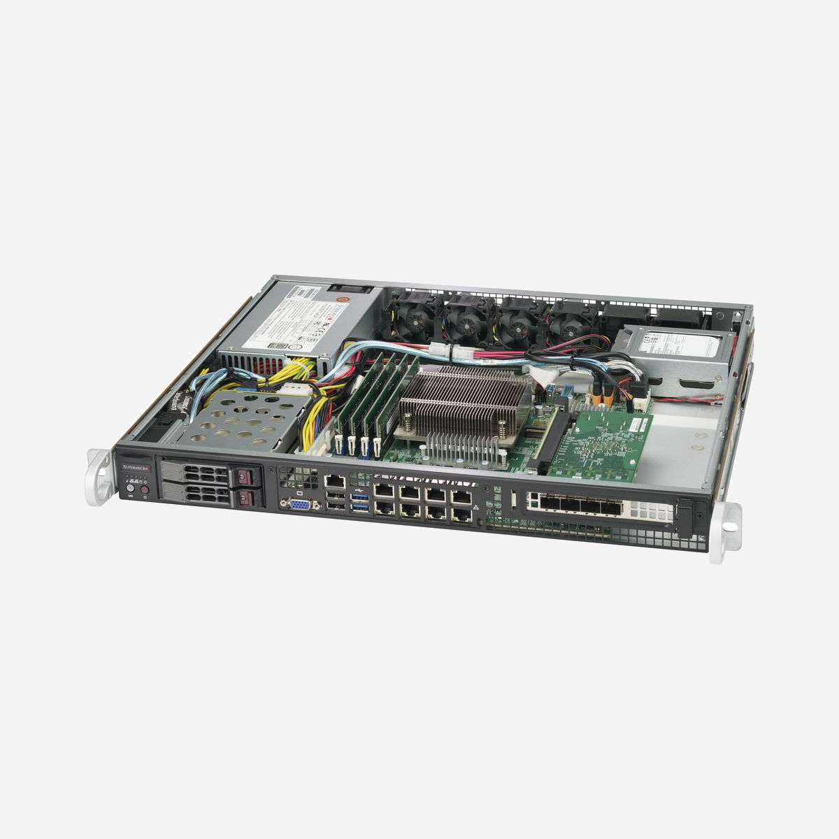 Supermicro SuperChassis CSE-513BTQC-350B Rack 1U Noir, Alimentation 350W 80 PLUS Platinum, Intel/AMD, 2 baies 2.5" Hot Swap, 4x USB 2.0, 4x RJ-45, IPMI, VGA - Supermicro SuperChassis 513BTQC-350B. Famille de processeur: Intel/AMD. Type de châssis: Rack (1 U), Couleur du produit: Noir, Voyants: HDD, LAN, Énergie. Alimentation d'énergie: 350 W, Tension d'entrée AC: 100 - 240 V, Courant de sortie CC (+5V): 15 A. Largeur: 437 mm, Profondeur: 381 mm, Hauteur: 43 mm. Largeur du colis: 495 mm, Profondeur du colis: 569 mm, Hauteur du colis: 175 mm