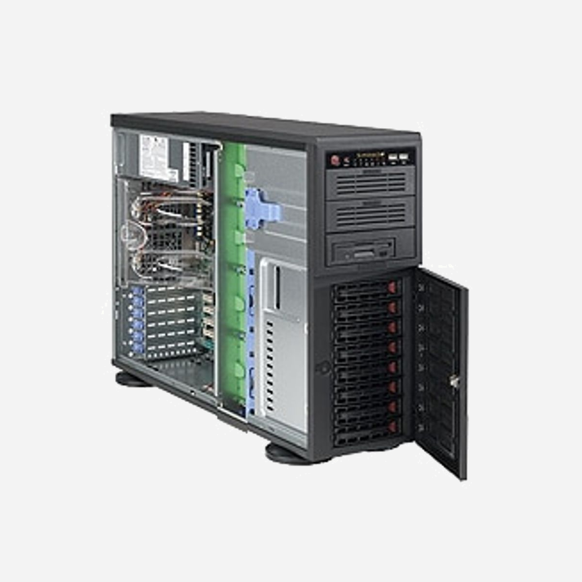 Supermicro CSE-743TQ-903B-SQ : Boîtier Serveur Full Tower 4U Noir, Alimentation 903W 80 Plus Gold, Baies 8x 3.5" + 8x 2.5" + 3x 5.25", ATX/EATX - Supermicro CSE-743TQ-903B-SQ. Format: Full Tower, Type: Serveur, Couleur du produit: Noir. Alimentation d'énergie: 903 W. Ventilateurs installés avant: 2x 80 mm, Prise en charge des diamètres des ventilateurs avants: 80 mm, Ventilateurs arrières installés: 1x 90 mm. Tailles de disques durs supportées: 2.5,3.5,5.25". Largeur: 178 mm, Profondeur: 647 mm, Hauteur: 452 mm