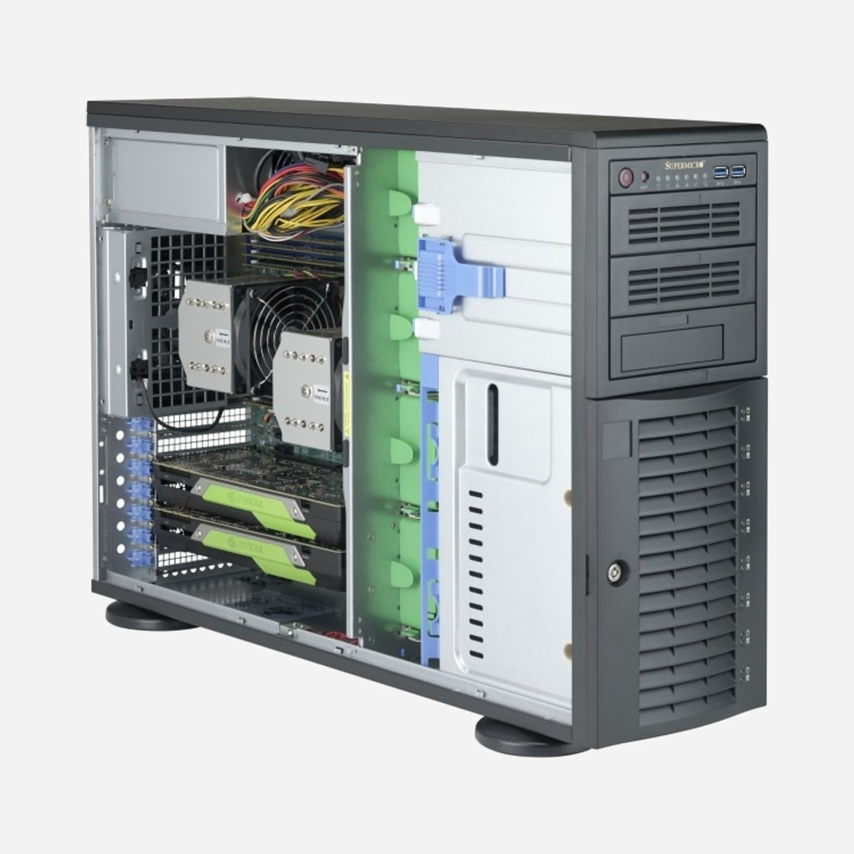 Supermicro CSE-743AC-1K26B-SQ Boîtier Serveur Full Tower Noir 4U Alimentation 1200W 80+ Platinum, 8x 3.5", 8x 2.5", 3x 5.25", ATX/EATX - Supermicro CSE-743AC-1K26B-SQ. Format: Full Tower, Type: Serveur, Couleur du produit: Noir. Alimentation d'énergie: 1200 W. Ventilateurs installés avant: 2x 80 mm, Prise en charge des diamètres des ventilateurs avants: 80 mm, Ventilateurs arrières installés: 1x 92 mm. Tailles de disques durs supportées: 2.5,3.5,5.25". Largeur: 178 mm, Profondeur: 647 mm, Hauteur: 452 mm