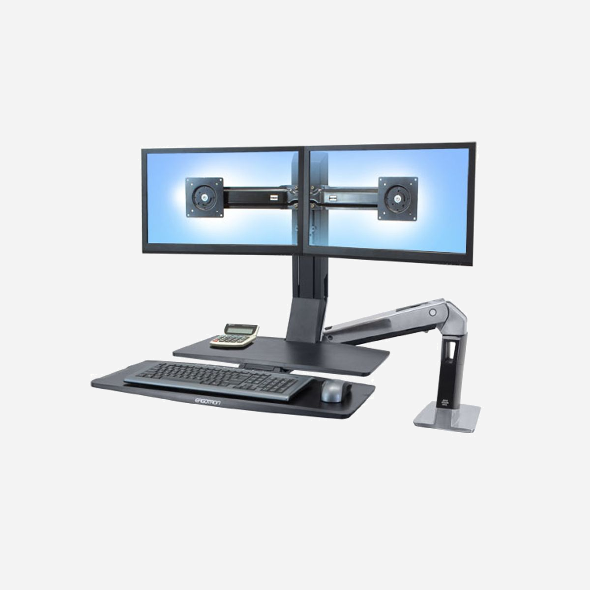 Ergotron WorkFit-A Dual 55,9cm Bureau Noir : Support écran double, montage bureau, VESA 75/100mm, charge max 11,3kg, inclinaison +/-30°, rotation 360° - Idéal pour les stations de travail en coin, le WorkFit-A se fixe à l'arrière ou sur les côtés de la majorité des surfaces et permet de passer de la position assise à debout sans aucun effort. Pliez le clavier vers le haut, faites basculer le bras et déplacez l'écran lorsque vous avez besoin de la surface de votre bureau.<br><br>Cette station de travail ajustable en hauteur déplace votre clavier et votre écran d’un seul et simple mouvement, rendant ainsi le travail informatique plus confortable sur de longues durées.<br><br><b>Pour les utilisateurs d'ordinateurs</b><br>- Poste de travail assis/debout à la demande, pour améliorer votre énergie et votre productivité en position debout ou assise pendant que vous travaillez, et permettant de changer de positions chaque fois que vous le souhaitez. Rester debout un peu plus chaque jour permet de brûler des calories supplémentaires de tonifier les muscles, d'améliorer la posture, de favoriser la circulation sanguine et d’accélérer le métabolisme.<br>- Sûr, facile à utiliser, simple d'installation et fonctionnement sans effort.<br>- Réglez simultanément et facilement le clavier et les écrans à la hauteur souhaitée pour obtenir un confort ergonomique inégalé.<br>- La technologie de réglage Constant Force permet un réglage fluide et sans effort des positions du clavier et de l’écran pour une utilisation personnalisée.<br>- Le bras est doté de points de rotation à 180º pour le réglage latéral, ce qui permet entre autres de plier le bras à plat contre le mur.<br>- Pliez le clavier vers le haut, faites basculer le bras et déplacez les écrans lorsque vous avez besoin de la surface de votre bureau.<br>- Les surfaces de travail incluses fournissent une grande surface et permettent d'accéder rapidement à une tablette, un téléphone, une tasse de café ou à tout objet dont vous avez besoin.<br><br><b>Pour le personnel administratif et informatique</b><br>- Une conception ouverte et flexible, qui s’adapte aux nouveaux équipements informatiques.<br>- Fixez un WorkFit-A sur des surfaces de travail existantes à l’aide d’une pince suffit à transformer les espaces de bureaux sans devoir faire appel à des services professionnels onéreux.<br>- Acheminement sûr et discret des câbles.<br><br><b>Pour la gestion des risques, des ressources humaines et la réduction des coûts de l'entreprise</b><br>- Gérez le coût des soins en promouvant le bien-être lors de la routine de travail quotidienne.<br>- Fournissez des plates-formes de travail en position debout pour vos employés sans avoir à acheter des sièges coûteux à hauteur variable.<br>- Une expérience travail sur ordinateur confortable offre un retour sur investissement - les coûts de santé associés à une mauvaise posture ou à du temps perdu sont quasiment inexistants tandis que la productivité augmente.<br>- WorkFit permet de soulager tous les maux de dos ou de cou, qui correspondent aux risques les plus coûteux (source « OE Medicine Journal » de 2007).<br>- Des études montrent une augmentation moyenne de la productivité de 20 à 30% lorsque deux écrans sont utilisés plutôt qu’un.<br>- Des études menées dans des bureaux montrent que la productivité augmente de 12 à 18% suite à une intervention ergonomique dans laquelle les employés bénéficient de bureaux ergonomiquement bien conçus.