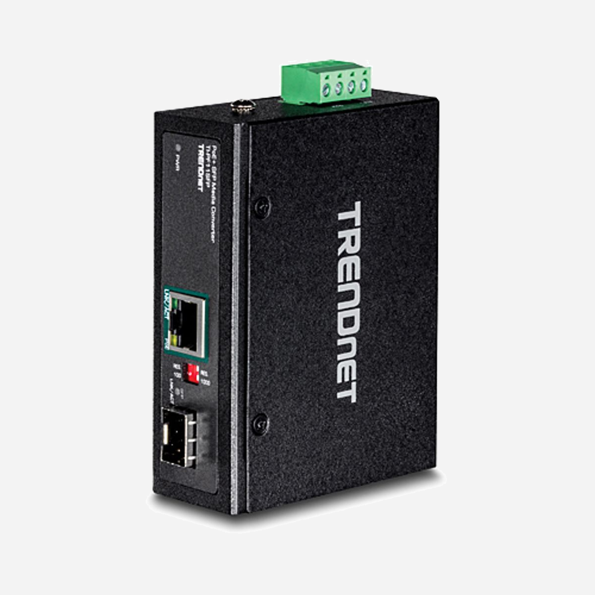 Trendnet TI-PF11SFP Convertisseur de Média Gigabit Ethernet 2000 Mbit/s, SFP, PoE+ 30W, IEEE 802.3/ab/af/at/u/x/z, IP30, -40°C à 75°C - Trendnet TI-PF11SFP. Débit de transfert des données maximum: 2000 Mbit/s, Standards réseau: IEEE 802.3, IEEE 802.3ab, IEEE 802.3af, IEEE 802.3at, IEEE 802.3u, IEEE 802.3x, IEEE 802.3z, Type d'interface Ethernet: Gigabit Ethernet. Longueur d'onde: 0,56 nm, Taille du buffer: 1000 Ko, Temps moyen entre pannes: 500000 h. Couleur du produit: Noir, Matériau du boîtier/corps: Aluminium, Code (IP) Internationale Protection: IP30. Connecteur de fibre optique: SFP, Technologie de connectivité: Avec fil. Tension d'entrée: 48 - 56 V, Consommation électrique typique: 2 W, Budget Total Power over Ethernet (PoE): 30 W