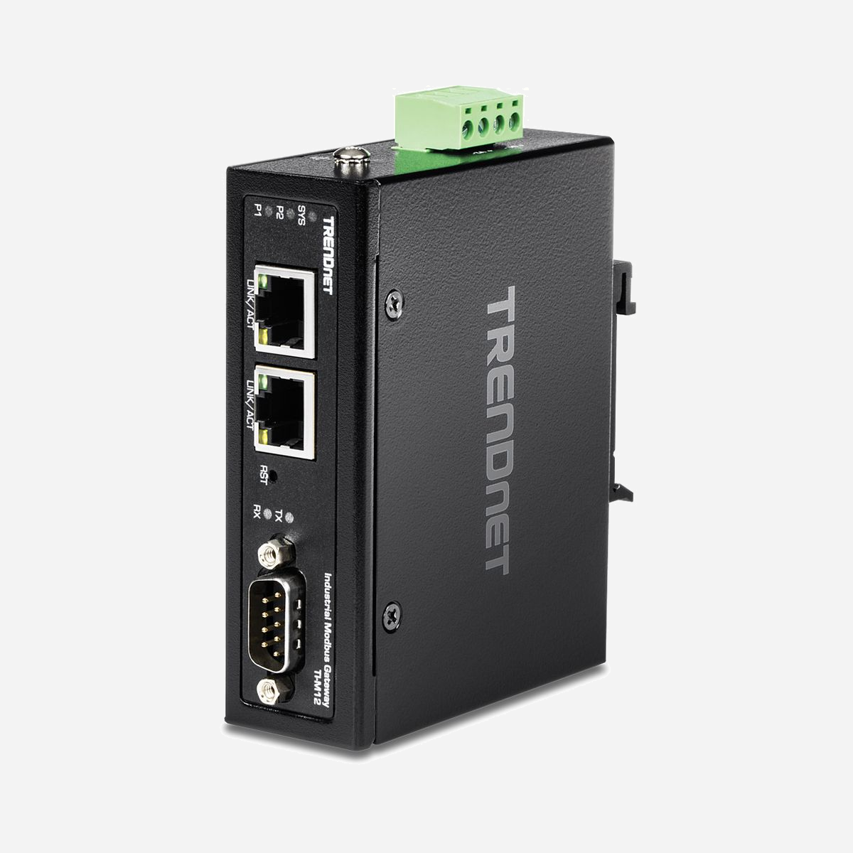 Trendnet TI-M12 Régulateur Ethernet 2x RJ45 10/100 Mbps, RS-232, Alimentation 12-56V, Montage Rail DIN, Boîtier Métal IP30, -40°C à 75°C - Trendnet TI-M12. Couleur du produit: Noir, Matériau du boîtier: Métal, Type de montage: rail DIN. Temps moyen entre pannes: 521243 h. LAN Ethernet : taux de transfert des données: 10,100 Mbit/s, Standards réseau: IEEE 802.3, IEEE 802.3u, IEEE 802.3x. Type d'interface série: RS-232. Consommation (max): 3,84 W, Tension d'entrée: 12 - 56 V