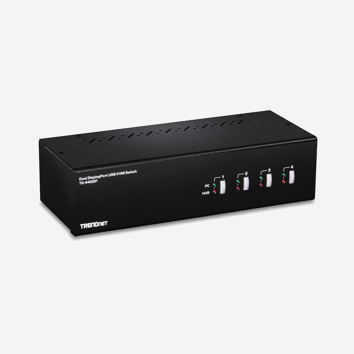 Trendnet TK-440DP Commutateur KVM 4 Ports DisplayPort 4K Ultra HD 3840x2160 144Hz, USB 2.0, Audio 3.5mm, Ethernet RJ-45, Noir/Argent - Trendnet TK-440DP. Port clavier: USB, Port souris: USB, Port vidéo: DisplayPort. Type HD: 4K Ultra HD, Résolution maximale: 3840 x 2160 pixels, Largeur de bande vidéo: 144 Hz. Couleur du produit: Noir, Argent, Certification: CE, FCC. Source d'alimentation: Secteur, Tension d'entrée: 100 - 240 V, Fréquence d'entrée AC: 50 - 60 Hz. Largeur: 254 mm, Profondeur: 100 mm, Hauteur: 66 mm