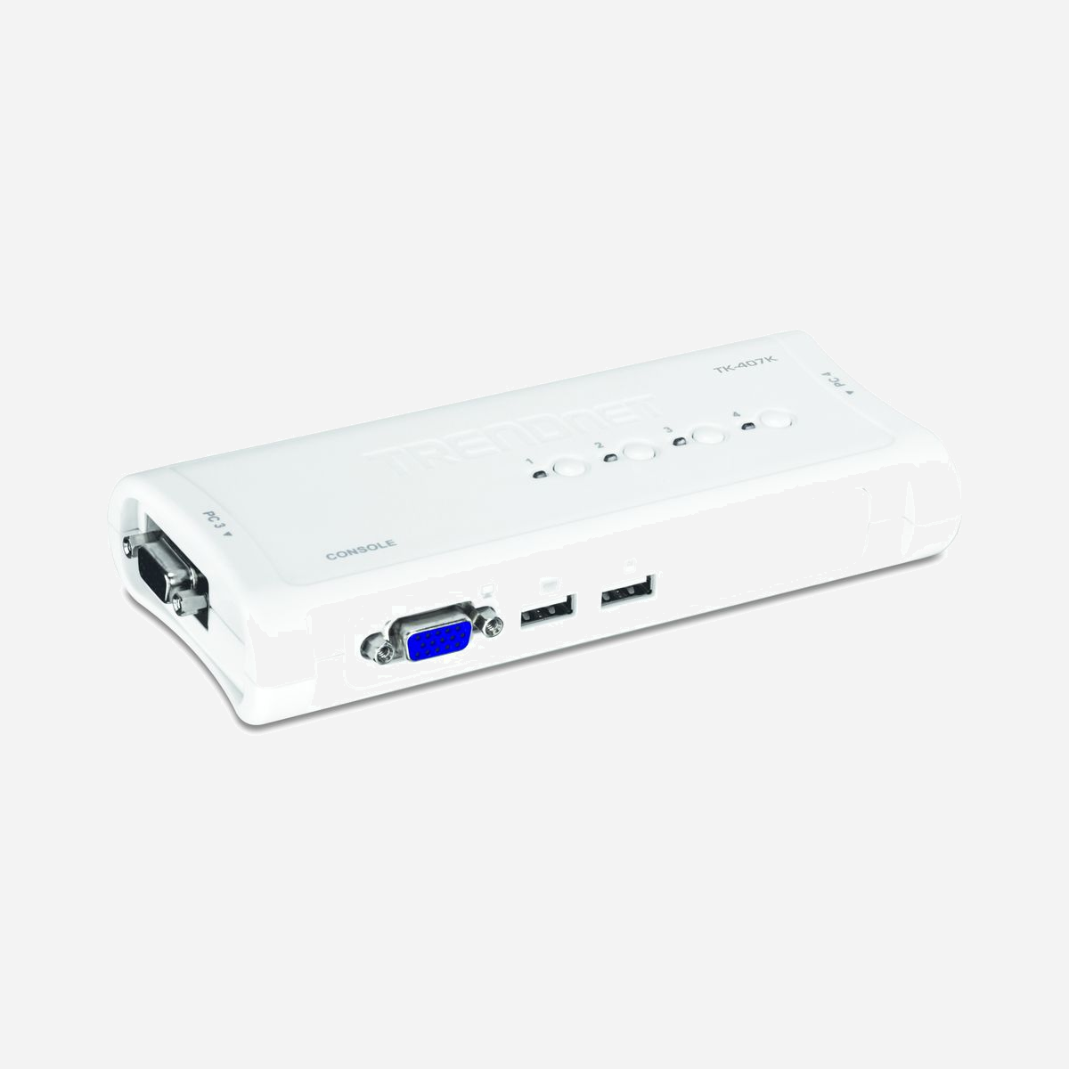 Trendnet TK-407K Switch KVM USB 4 Ports VGA 2048x1536 avec câbles, support Windows/Linux/macOS, alimentation USB, 167x80x28mm - Le switch KVM USB à 4 ports vous permet de gérer quatre PC à l’aide d’un seul ensemble clavier, moniteur et souris. Passez d’un PC à l’autre en appuyant simplement sur un bouton ! Des ensembles de câbles KVM séparés sont compris avec le Switch KVM, les utilisateurs peuvent donc immédiatement commencer à contrôler 4 PC. Les câbles KVM alimentent également le Switch KVM, rendant inutile l'utilisation d'un adaptateur secteur. Le fonctionnement via touches de raccourci offre un accès immédiat à des fonction comme la passage d'un PC à l'autre et la recherche automatique. Grâce aux caractéristiques de connectivité à chaud et au signalement sonore (Audible Feedback), ce Switch KVM USB à 4 ports représente la solution idéale pour la gestion de plusieurs PC.<br><br>- Switch KVM USB 4 ports.<br>- Emulation clavier/souris USB avec 4 ensembles de câbles KVM amovibles.<br>- Supporte Microsoft IntelliMouse, Optical Mouse, Logitech NetMouse etc.<br>- Compatible avec Windows 98SE/ME/2000/XP/2003 Server, Linux et Mac OS.<br>- Supporte la haute qualité vidéo, jusqu'une résolution VGA 2048 x 1536.<br>- Support multi-Plate-forme pour PC, Macintosh G3/G4, iMac et Mac Mini.<br>- Recherche automatique et affichage par voyants lumineux pour le contrôle des PC.<br>- Touches de raccourci, boutons et logiciel de commutation client basé Windows.<br>- Touches de raccourci programmables par l'utilisateur (uniquement sur Windows).<br>- Plug-and-play et connectable à chaud.<br>- Alimentation via l’interface USB.<br>- Garantie limitée de 2 ans.