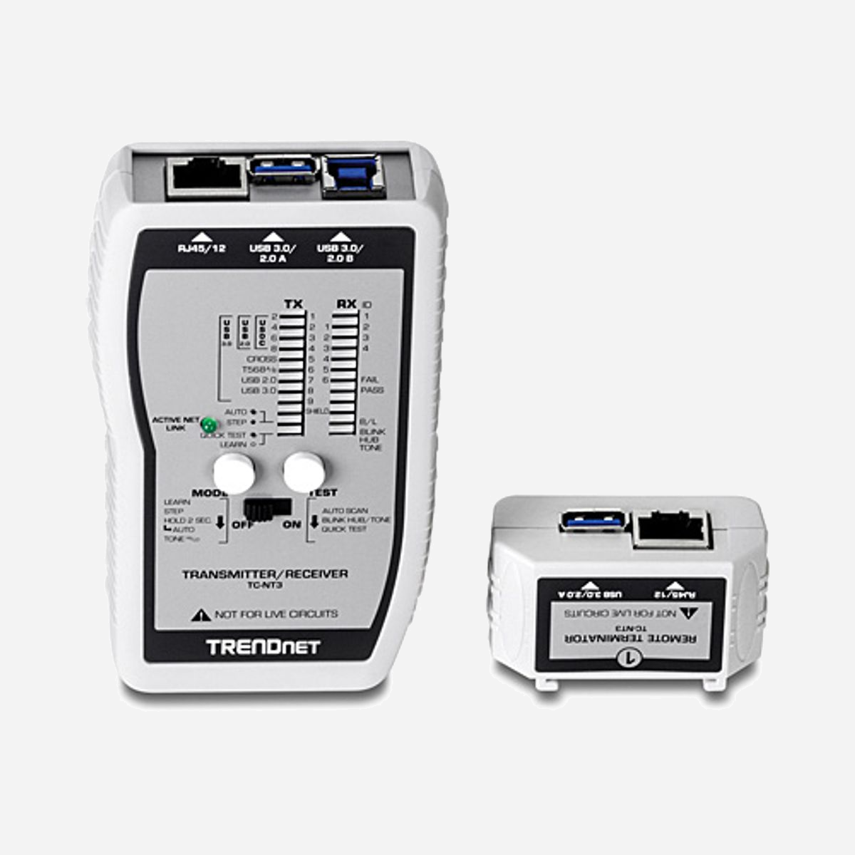 Trendnet TC-NT3 Testeur de Câble Réseau : BNC, RJ11/12/45, USB, Test de Transmission, Indicateurs LED, 9V, 117x67x27mm, câble RJ45 inclus. - Trendnet TC-NT3. Connecteurs pris en charge: BNC, RJ-11, RJ-12, RJ-45, USB, Type de test: Test de transmission, Couleur du produit: Argent. Tension des piles: 9 V. Certification: CE. Poids: 144 g, Dimensions (LxPxH): 117 x 67 x 27 mm. Câbles inclus: LAN (RJ-45)