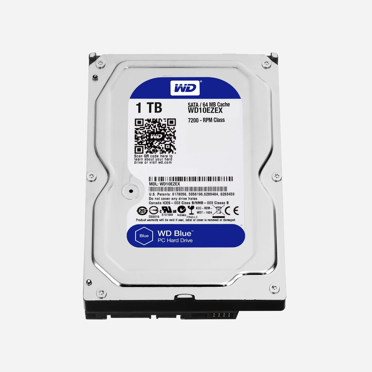 Western Digital Blue WD10EZEX Disque Dur 1 To 7200 RPM 64 Mo Cache 3.5" SATA III 6 Gbit/s, Transfert 150 MiB/s, PC, 5/12V - <b>TRAVAILLEZ AU QUOTIDIEN AVEC LE BLUE. CAPACITÉ DE STOCKAGE JUSQU'À 6 TO.</b><br><br>Augmentez la capacité de stockage de votre PC grâce aux disques durs WD Blue, une gamme conçue spécialement pour les PC de bureau et les PC tout-en-un et dotée de capacités de stockage variées.<br><br><b>Améliorez les performances de votre PC</b><br><br>Augmentez les performances de votre ordinateur de bureau et vos capacités de stockage en combinant votre disque dur à un disque SSD pour optimiser dans un premier temps la vitesse d'accès aux données et à un disque WD Blue pour 6 To de capacité de stockage supplémentaires.<br><br><b>Stratégie pour le futur</b><br><br>Avec une technologie de plus en plus développée, une plus grande capacité de stockage est nécessaire. Les caméras numériques enregistrant des vidéos ultra haute définition en résolution 4K et à 30 images par seconde requièrent des capacités massives en matière de stockage. Gérez tous les médias en un rien de temps grâce à notre disque 6 To.<br><br><b>Fiabilité WD</b><br><br>Jouissant d'une fiabilité bien connue, chaque disque dur WD Blue est conçu, testé et construit pour durer. Il dispose en outre d'une garantie limitée de 2 ans.<br><br><b>UNE SOLUTION EXCELLENTE POUR VOS BESOINS INFORMATIQUES QUOTIDIENS</b><br><br>La fiabilité et la capacité du disque WD Blue en font une excellente solution pour une utilisation au quotidien.<br><br><b>Les disques durs WD Blue sont-ils compatibles avec mon disque SSD ?</b><br><br>En effet, les disques durs WD Blue associés à un disque SSD sont une combinaison parfaite pour augmenter les performances et la capacité du système de votre PC. Pour obtenir la meilleure combinaison, achetez un disque dur WD Blue de capacité supérieure à 2 To pour vous permettre de planifier vos besoins futurs.<br><br><b>Quelles est la capacité recommandée pour les jeux vidéo ?</b><br><br>À mesure que la taille des jeux augmente, le besoin en capacité se fait de plus en plus grand. Les disques durs WD Black sont dotés des meilleures performances et de la plus grande fiabilité pour le jeu en plus de disposer d'une garantie limitée de 5 ans pour s'adapter parfaitement aux performances de vos autres composants d'ordinateur.<br><br><b>Je sauvegarde régulièrement des photos et vidéos. De quelle capacité ai-je besoin ?</b><br><br>Disponible en 2 To et 4 To, ce volume de stockage est parfaitement adapté aux utilisateurs qui prennent de nombreuses photos et vidéos avec leur smartphone et souhaitent sauvegarder ou faire une copie de leurs données en toute sérénité. Gagnez en fiabilité et en capacité aussi bien pour vos besoins actuels que futures.<br><br><b>J'ai un système NAS à la maison. Quels disques me recommandez-vous ?</b><br><br>Le disque WD Red est spécialement conçu pour les appareils en NAS et est optimisé pour les environnements RAID ou fonctionnant 24 h/24 et 7 j/7.