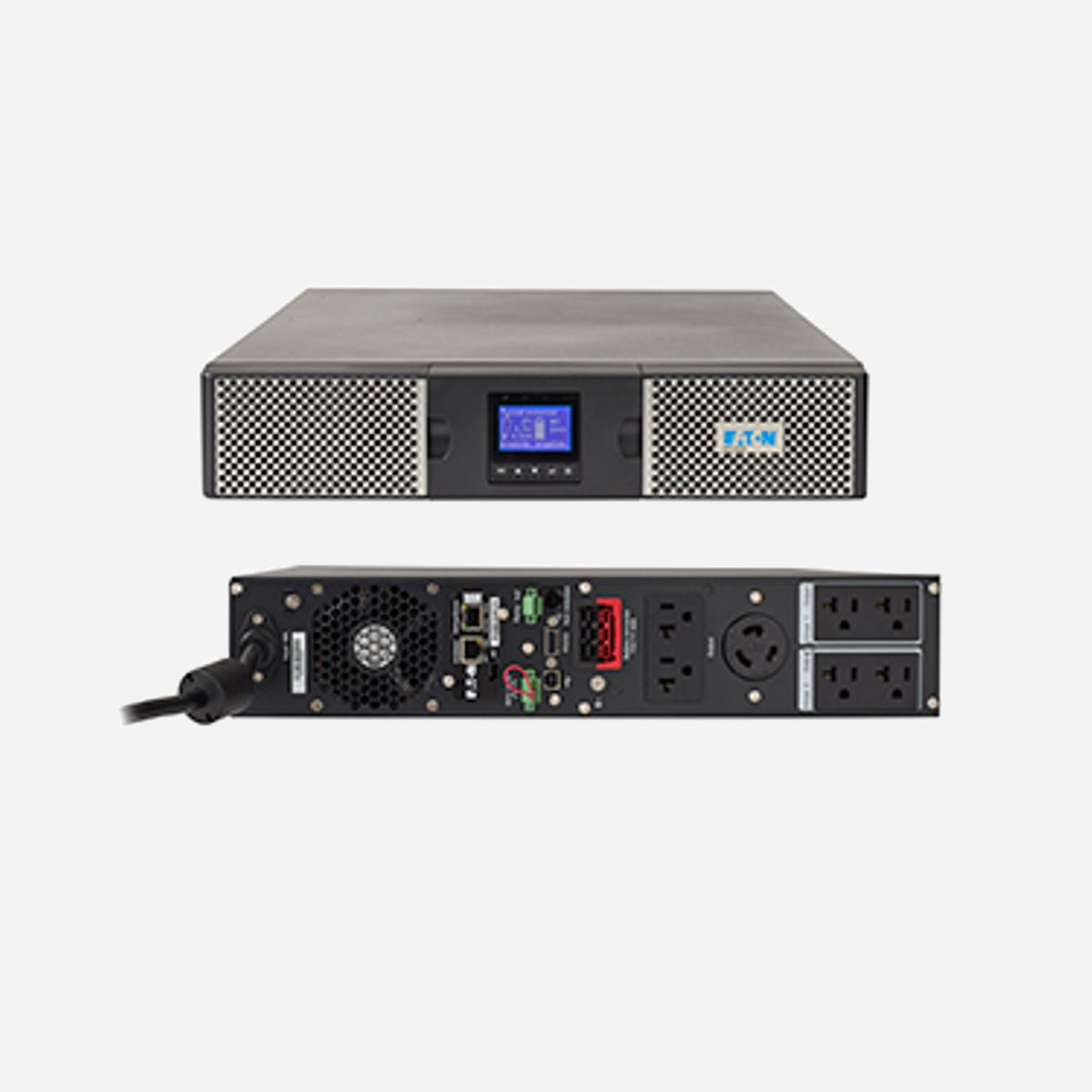 Onduleur Eaton 9PX2000RT 2 kVA / 1800W Double-Conversion Online, 7 Prises NEMA 5-20R/L5-20R, Rack/Tour 2U, USB, RS-232, Batteries VRLA échangeables à chaud - Eaton 9PX2000RT. Topologie UPS: Double-conversion (en ligne), capacité de la puissance de sortie: 2 kVA, Puissance de sortie: 1800 W. Types de sortie AC: NEMA 5–20R, NEMA L5-20R, Prise mâle: NEMA 5-20P, Nombre de prises en sortie: 7 sortie(s) CA. Technologie batterie: Sealed Lead Acid (VRLA). Format: Rack/Tour, Couleur du produit: Noir, Capacité du rack: 2U. Certificats de conformité: RoHS