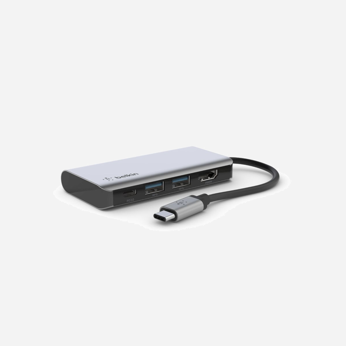 Belkin AVC006btSGY Adaptateur USB-C Multiport 4-en-1 Argent - USB 3.2 Gen 1 Type-C, 2x USB-A, HDMI 1.4 (4K 30Hz), Power Delivery 100W - <b>Connexion où que vous soyez</b><br>Connectez votre ordinateur portable à un moniteur ou projecteur 4K (ou autre appareil) avec l’adaptateur USB-C® multiport 4-en-1 de Belkin. Cet adaptateur compact est la solution parfaite pour une utilisation à domicile, au bureau ou entre deux postes de travail. Il est doté de deux ports USB-A qui vous permettent de recharger et de connecter votre smartphone, tablette, clavier, clé USB, souris ou autre appareil gourmand en énergie. Son port HDMI vous permet de connecter un MacBook Pro, Chromebook ou autre ordinateur portable USB-C à un écran (résolution d’image jusqu’à 4K). Branchez un adaptateur secteur ou un câble de recharge pour profiter de la fonction d’alimentation Pass-Through (jusqu’à 100 W). Plus besoin de choisir entre extension de ports et recharge. Un débit de 5 Gbit/s permet un transfert de données rapide entre un ordinateur et des périphériques. Doté d’un boîtier fin en aluminium, cet adaptateur s’accorde avec le design des appareils les plus populaires du marché (équipement de travail, d’études, de jeux).<br><br><b>Solution compacte</b><br>Le design compact de l’adaptateur USB-C® multiport 4-en-1 vous permet de créer un mini espace de travail ou de vous déplacer facilement entre deux postes de travail différents. Sa finition en aluminium s’accorde parfaitement avec le design des appareils les plus populaires du marché. Cet accessoire épuré est idéal pour une utilisation au bureau, à domicile ou en déplacement.<br><br><b>Port HDMI 4K</b><br>Cet adaptateur 4-en-1 est équipé d’un port HDMI 1.4 qui permet de connecter facilement votre ordinateur portable à un moniteur, projecteur ou autre écran (jusqu’à 4K à 30 Hz).<br><br><b>Connexion et recharge Power Delivery (100 W)</b><br>Gardez votre ordinateur portable rechargé lorsqu’il est connecté à vos périphériques. L’adaptateur 4-en-1 prend en charge la technologie Pass-Through. Vous n’avez pas besoin de choisir entre extension de ports et alimentation.