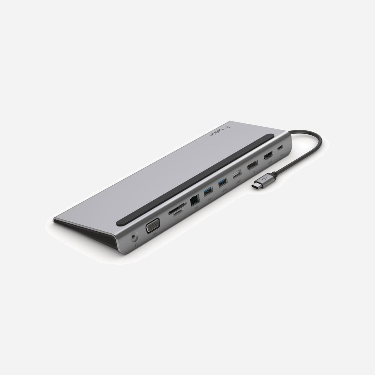 Belkin INC004BTSGY : Station d'accueil USB-C 11-en-1, USB 3.2 Gen 1 Type-C, HDMI 1.4, DisplayPort 1.2, VGA, Ethernet Gigabit, Lecteur SD/MicroSD, Power Delivery 100W - Solution d'espace de travail par excellence<br>Transformez votre ordinateur portable USB-C en station de travail par excellence grâce à notre station d'accueil USB-C multiport 11-en-1. Cette solution tout-en-un vous donne accès aux ports que les nouveaux ordinateurs portables ont éliminés ces dernières années, ce qui vous permet de vous connecter à des moniteurs, des cartes SD, des clés USB et bien plus encore, via son port USB-C. Il prend en charge la technologie d'alimentation Pass-Through jusqu'à 100 W, éliminant ainsi le besoin de choisir entre connexion USB et alimentation électrique. Cette station d'accueil vous offre jusqu'à 5 Gbit/s de bande passante entre les périphériques connectés et votre ordinateur portable, tout en prenant en charge des résolutions d'affichage haute définition jusqu'à 4K via les ports vidéo HDMI, DisplayPort et VGA. Ce hub dispose en outre d'un port Gigabit Ethernet de 1 Gbit/s pour vous offrir une connexion Internet sécurisée.<br><br>Pass-Through de 100 W<br>Cette station d'accueil prend en charge la technologie Pass-Through jusqu'à 100 W (dont 15 W pour le fonctionnement du dock lui-même)*. Alimentez votre ordinateur portable et les différents appareils branchés sur les ports du hub.<br><br>Dock servant de support pour ordinateur<br>La station d'accueil 11-en-1 peut faire office de support pour ordinateur portable. Vous pouvez ainsi créer un espace de travail parfait sans perdre aucune place sur votre bureau. Situés sur le panneau arrière, tous les ports du dock sont faciles d'accès et d'utilisation.<br><br>Transfert de données jusqu'à 5 Gbit/s<br>Augmentez votre bande passante. Profitez de transferts de données de 5 Gbit/s entre votre ordinateur et les appareils périphériques avec cet adaptateur USB-C multiport 11-en-1.<br><br>