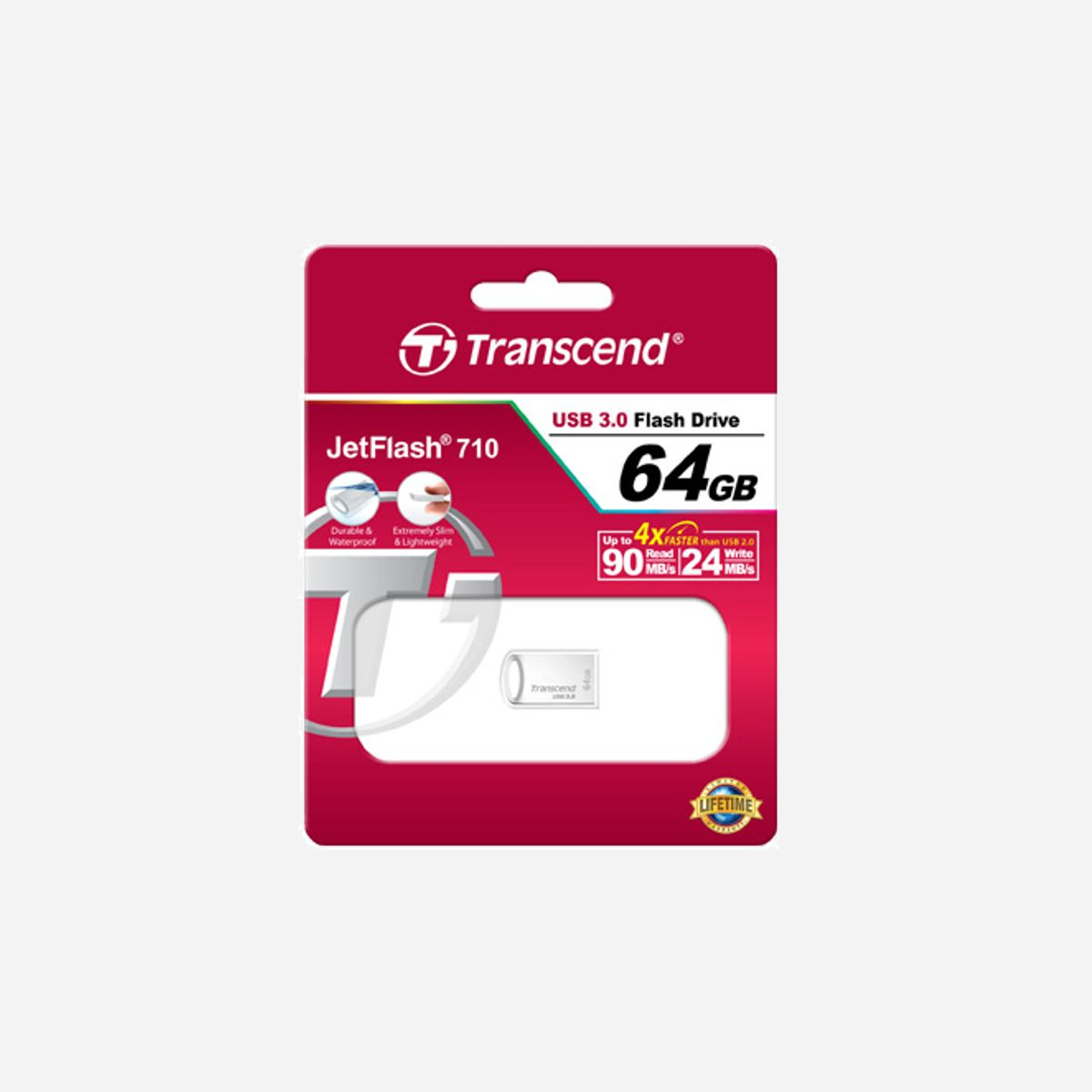 Transcend JetFlash 710S 64GB USB 3.2 Gen 1 Argent - Clé USB Type-A, Boîtier Métal, Compatible Windows/macOS/Linux, Dimensions 22.4x12.2x6mm - La clé USB JetFlash 710/720 est à la fois rapide et compacte. Sa coque métallique raffinée se glisse discrètement dans n’importe quel port USB. Ergonomique, elle est également adaptée aux systèmes audio embarqués et autoradios. Sa taille compacte ne gène en aucun cas l’accès aux commandes du tableau de bord. Agrémentez vos voyages avec la JetFlash 710/720!<br><br>- Interface USB 3.1 Gen 1 SuperSpeed<br>- Puce NAND flash MLC (JF720)<br>- Coque métallique robuste et de qualité supérieure<br>- Assemblage COB (Chip on Board)<br>- Résistante aux chocs, éclaboussures et à la poussière<br>- Facteur de forme ultra compact et discret<br>- Téléchargement gratuit du programme de gestion de données Transcend Elite