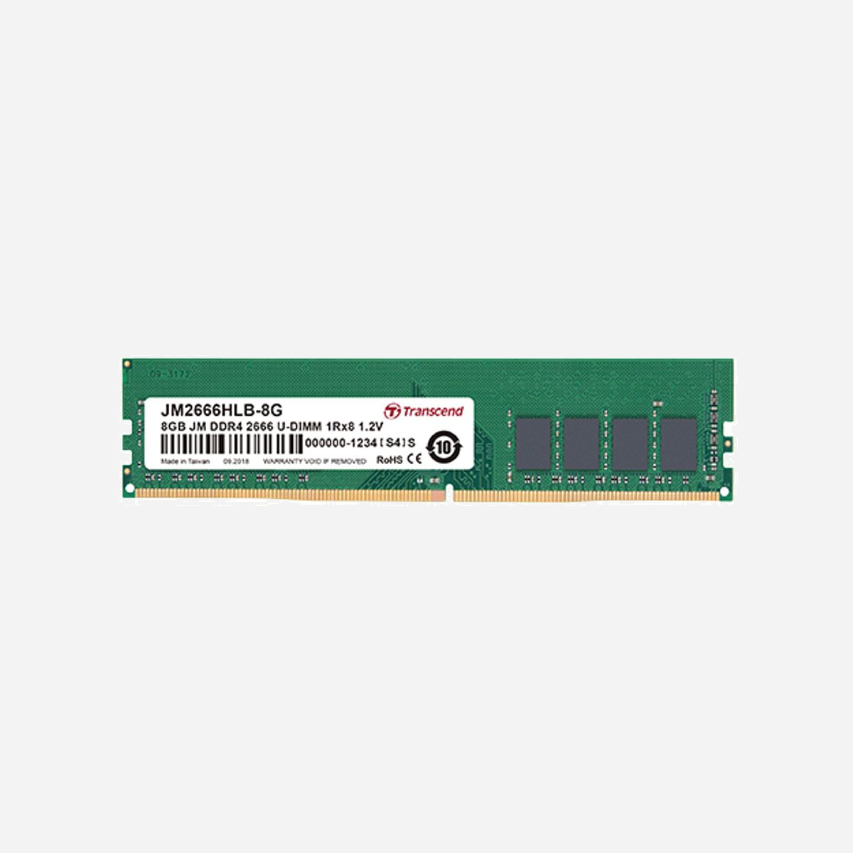 Transcend JetRam DDR4 8GB 2666MHz DIMM 288-pin 1.2V CL19 Unbuffered ECC Non JM2666HLB-8G, pour PC/Serveur, module 1x8GB - Transcend JetRam JM2666HLB-8G. composant pour: PC/serveur, Mémoire interne: 8 Go, Disposition de la mémoire (modules x dimensions): 1 x 8 Go, Type de mémoire interne: DDR4, Fréquence de la mémoire: 2666 MHz, Support de mémoire: 288-pin DIMM, Latence CAS: 19