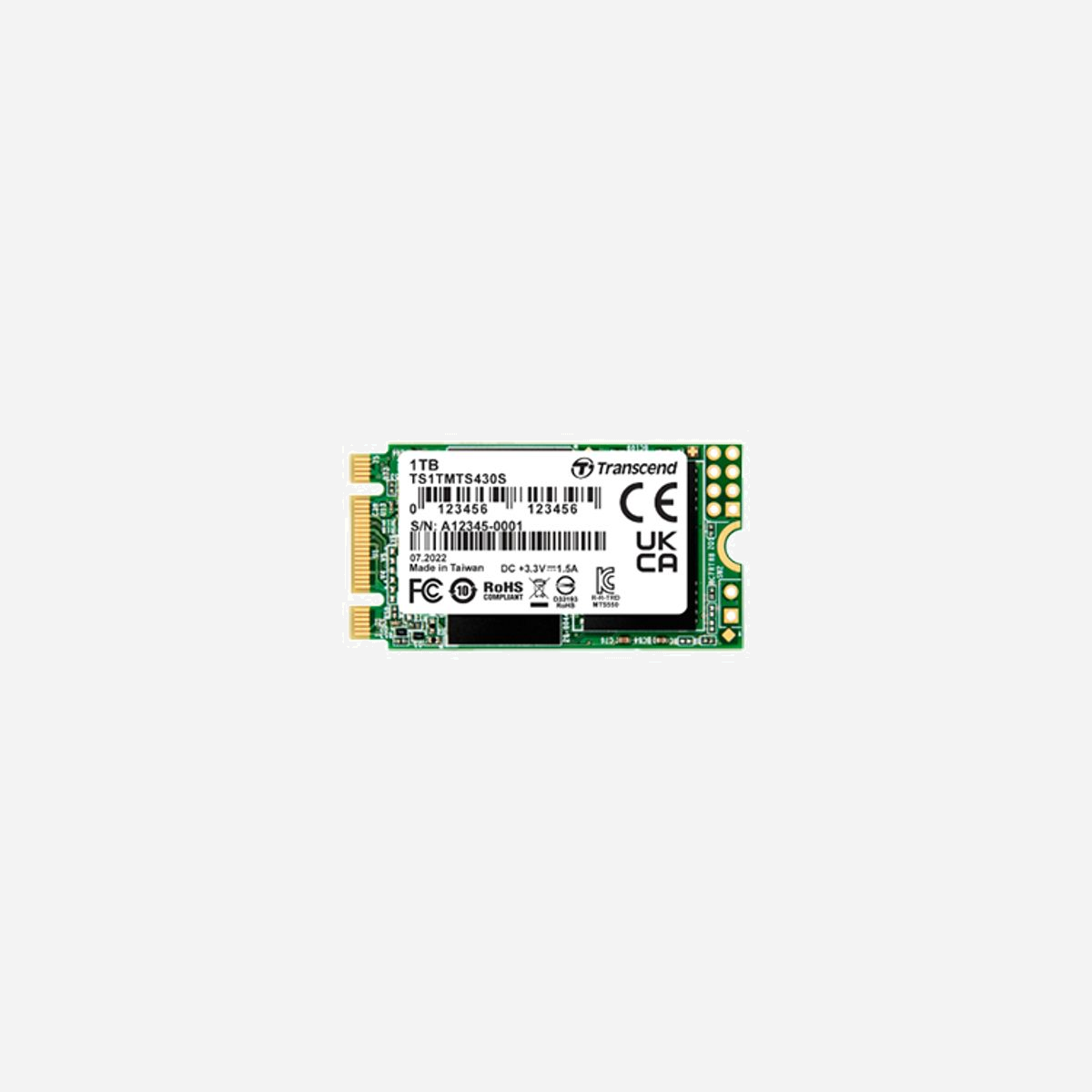 Transcend SSD 430S 1 To M.2 SATA III 6Gb/s 3D NAND Lecture 560 Mo/s Écriture 520 Mo/s 85K IOPS Lecture/Écriture Portable Compatible Windows/Linux - Transcend 430S. Capacité du Solid State Drive (SSD): 1 To, Facteur de forme SSD: M.2, Vitesse de lecture: 560 Mo/s, Vitesse d'écriture: 520 Mo/s, Taux de transfert des données: 6 Gbit/s, composant pour: Ordinateur portable