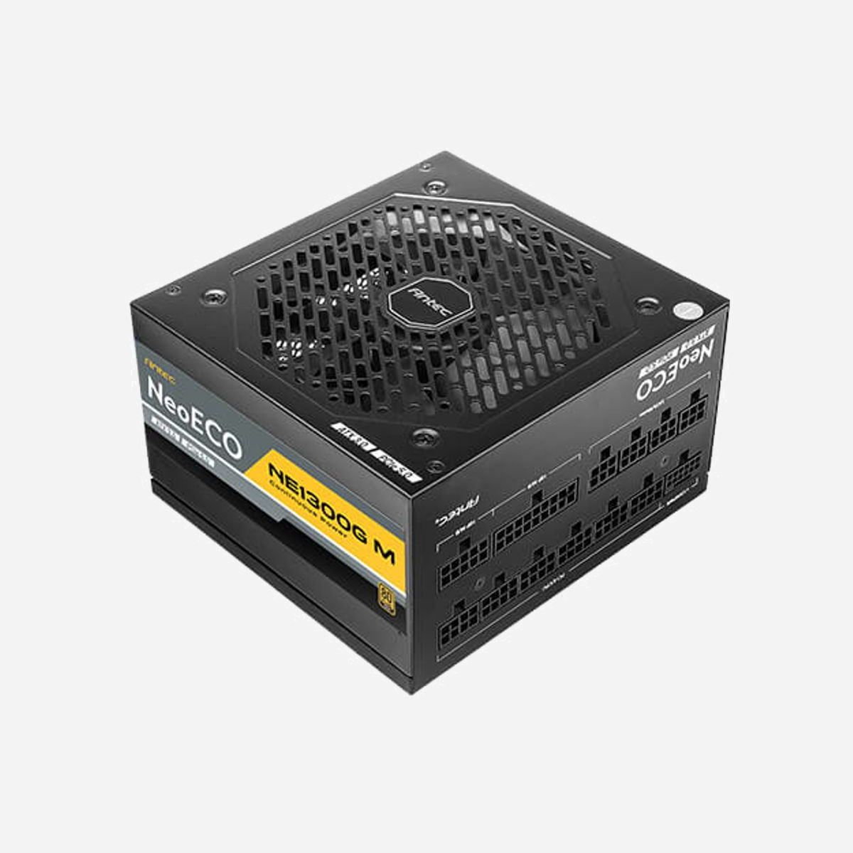 Antec Neo ECO NE1300G M : Alimentation 1300W ATX 3.0 Modulaire 80+ Gold, 100-240V, PFC Actif, Ventilateur 120mm, Connecteur 20+4 pin ATX. - Antec Neo ECO Modular NE1300G M ATX3.0 EC. Puissance totale: 1300 W, Tension d'entrée AC: 100 - 240 V, Fréquence d'entrée AC: 50/60 Hz. Connecteur de la carte mère: 20+4 pin ATX, Type de câblage: Entièrement modulaire. Utilité: PC, Facteur de forme de l'unité d'alimentation: ATX, Certification 80 PLUS: 80 PLUS Gold. Couleur du produit: Noir, Type de refroidissement: Actif, Diamètre du ventilateur: 12 cm. Câbles inclus: Secteur
