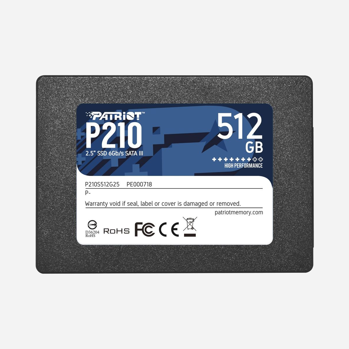 Patriot Memory P210 512 Go SSD 2.5" SATA III 500 Mo/s Lecture, 400 Mo/s Écriture, Compatible Windows, Dimensions 69.6 x 100 x 7 mm - Patriot Memory P210. Capacité du Solid State Drive (SSD): 512 Go, Facteur de forme SSD: 2.5", Vitesse de lecture: 500 Mo/s, Vitesse d'écriture: 400 Mo/s, composant pour: PC/ordinateur portable